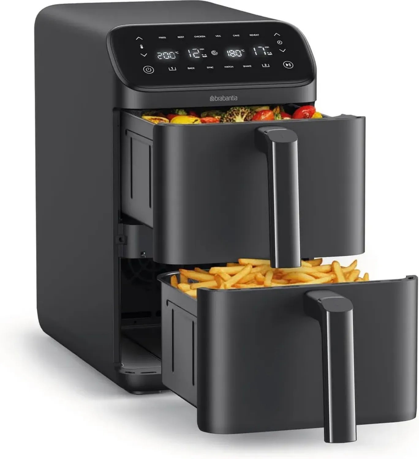 Brabantia Doppelkorb Airfryer XXL, 10 L, 2 vertikale Fächer, PFAS-frei, Heißluftfritteuse, 6 Programme, 2700 W, Touchscreen, Schwarz