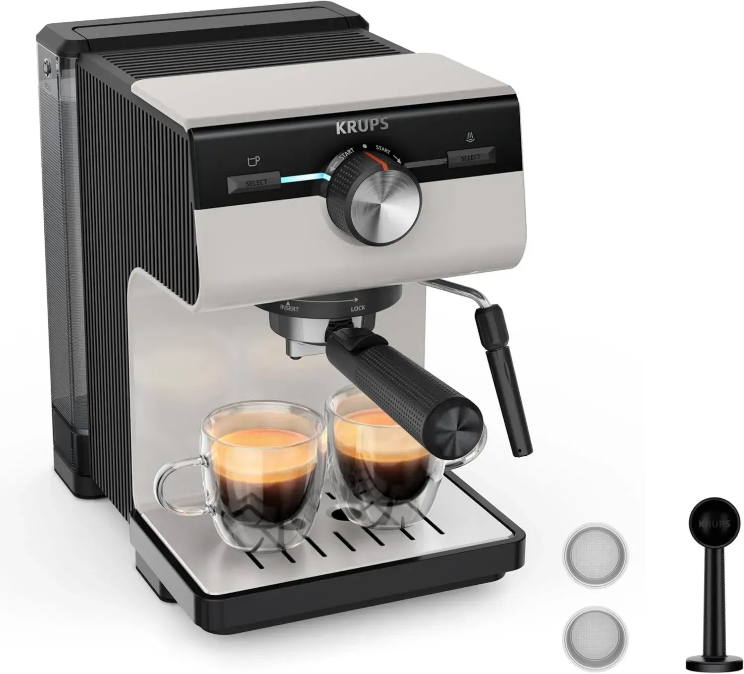 Krups Espresso-Maschine mit Siebträger, 15 Bar, intuitive Steuerung, elegantes Design, Dampfdüse, 2L Wassertank, Grau/Creme