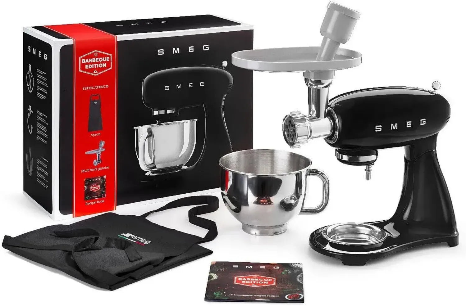 Smeg Planetenmixer SMF23BLEU BBQ Edition mit Fleischwolf und Rezeptbuch, Schwarz
