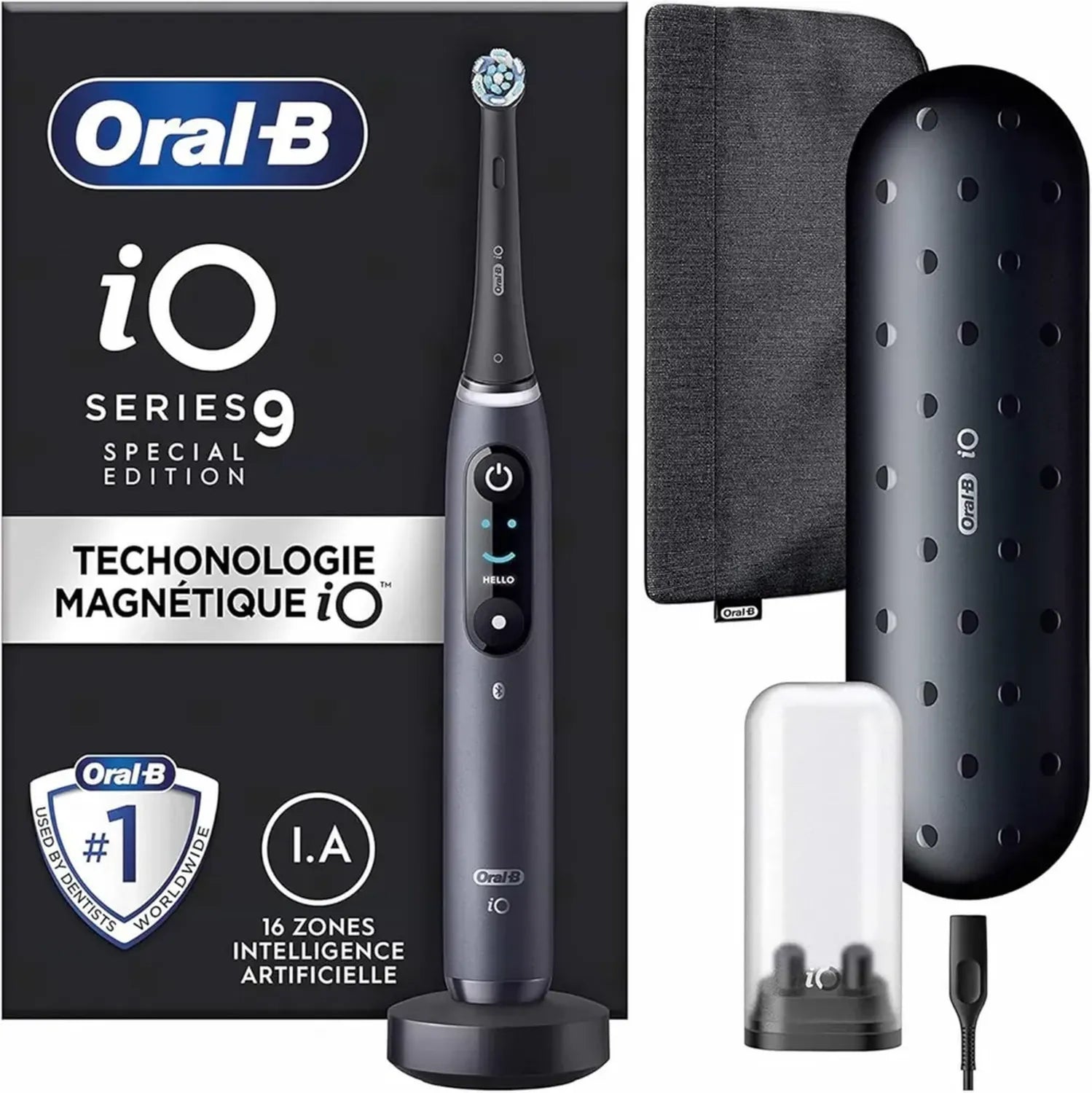 Oral-B iO Serie 9, elektrische Zahnbürste, Bluetooth, 7 Modi, Reiseetui, Tasche, Schwarz