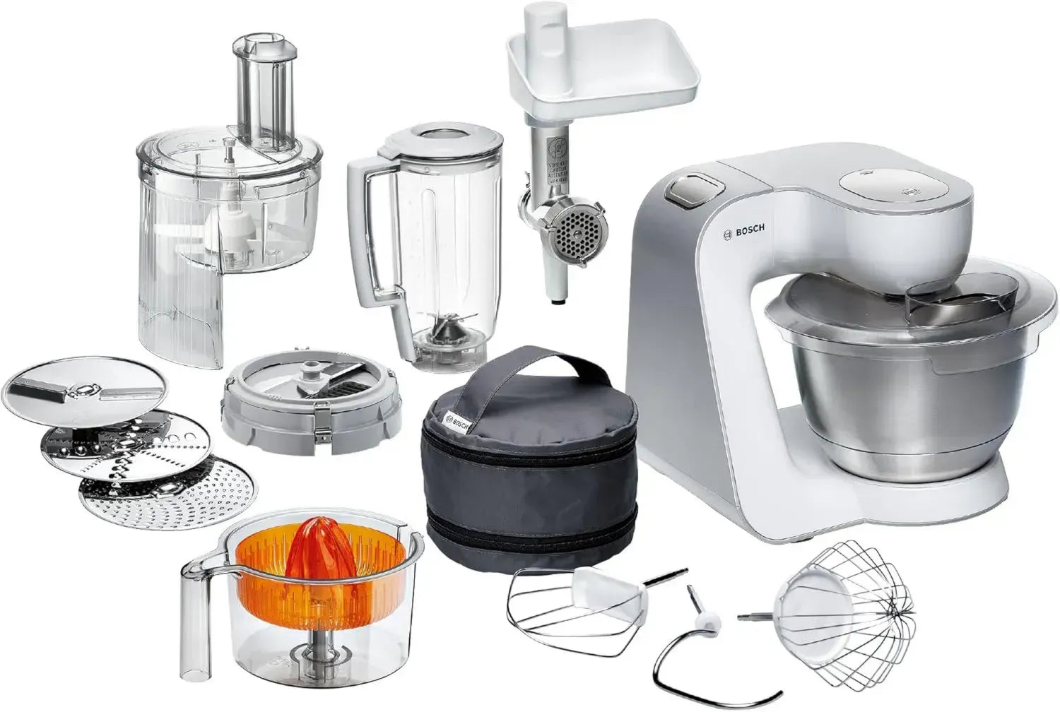 Bosch Küchenmaschine Serie 4, 3,9 L Schüssel, 1,25 L Mixer, Fleischwolf, Zitruspresse, Knethaken, 900 W, Weiß
