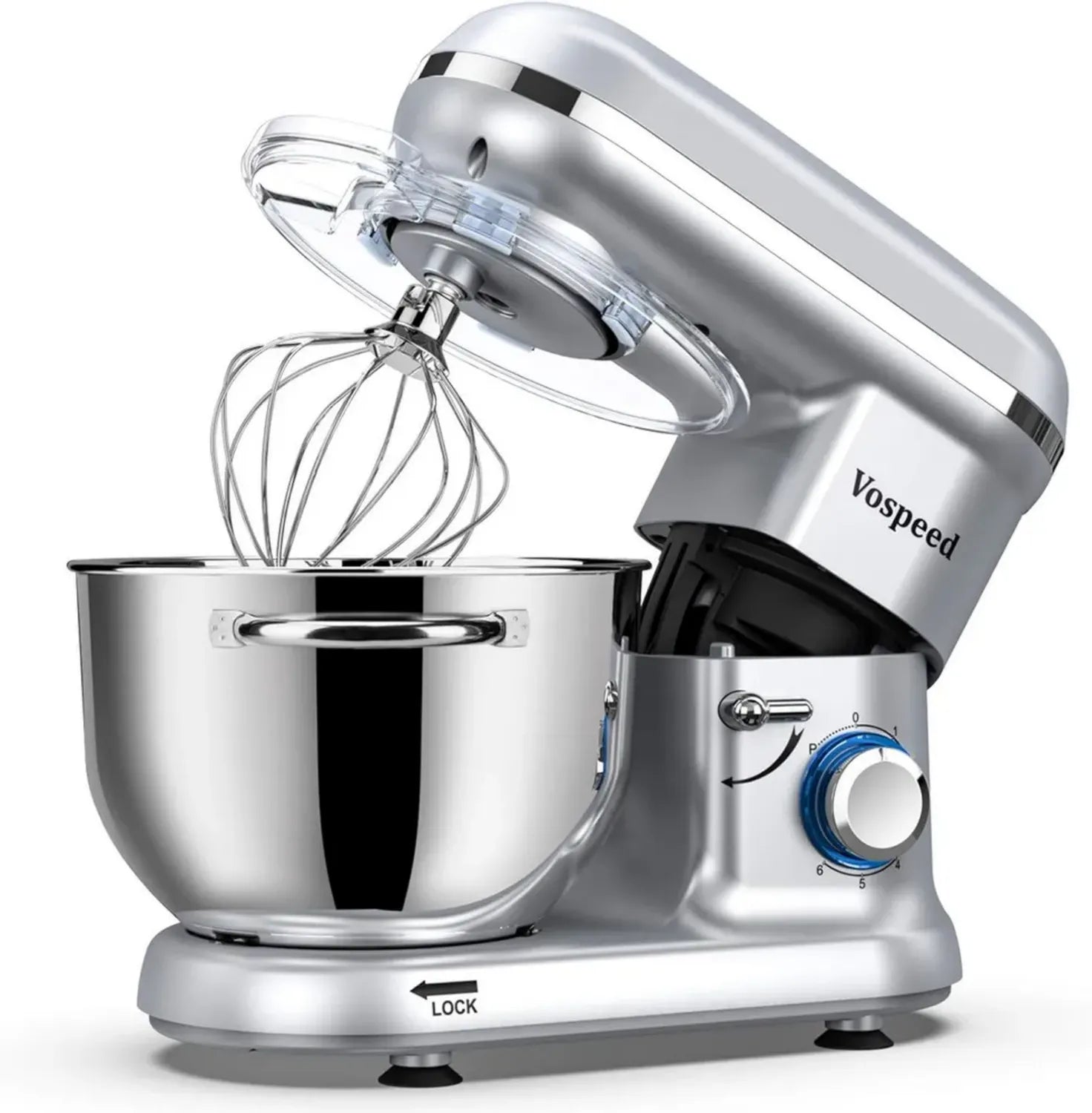 Elektrische Küchenmaschine 6.2QT mit Rühr- und Knetfunktion, 6 Geschwindigkeiten, Edelstahlzubehör, Silber