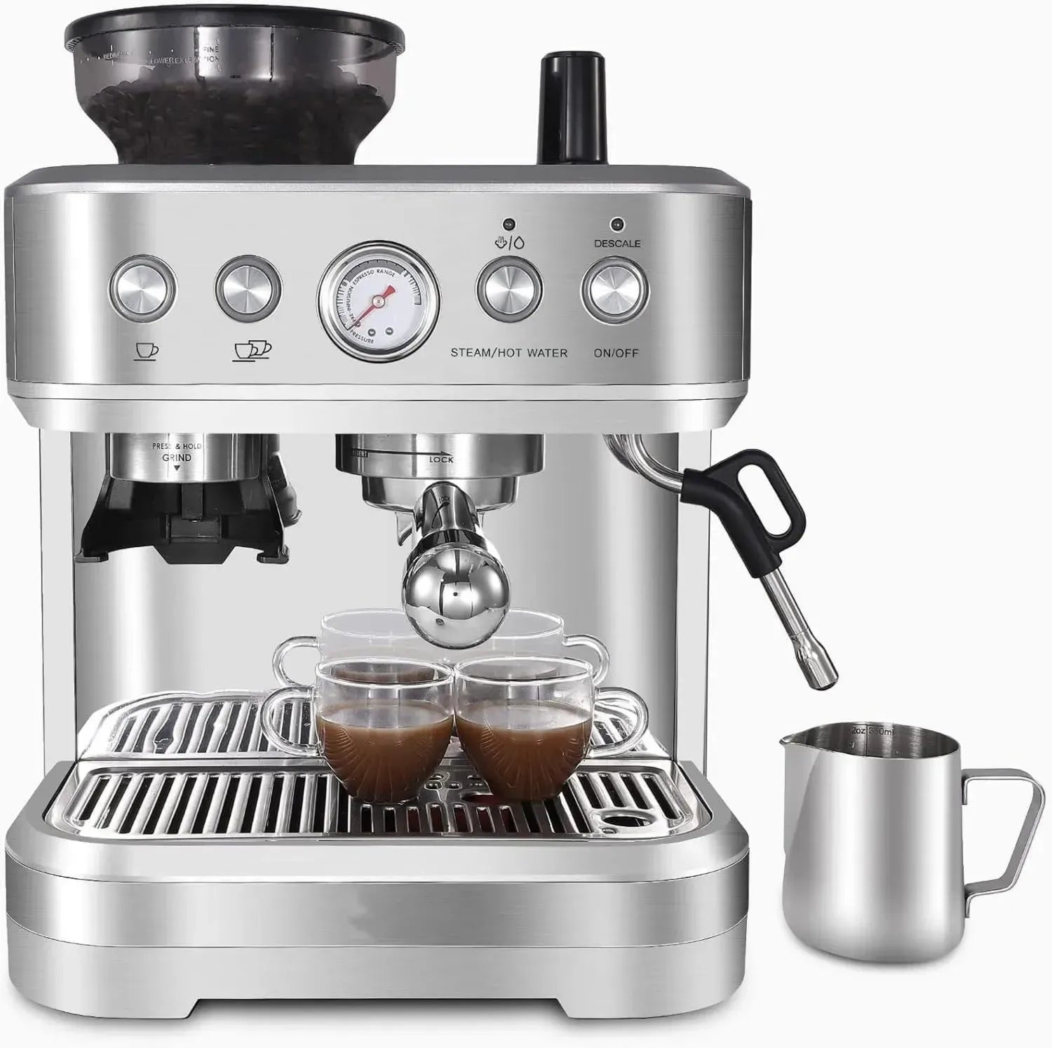 Kaffeemaschine mit Mahlwerk und Milchschaumdüse, 2.3L Tank, 15 Bar, Edelstahl