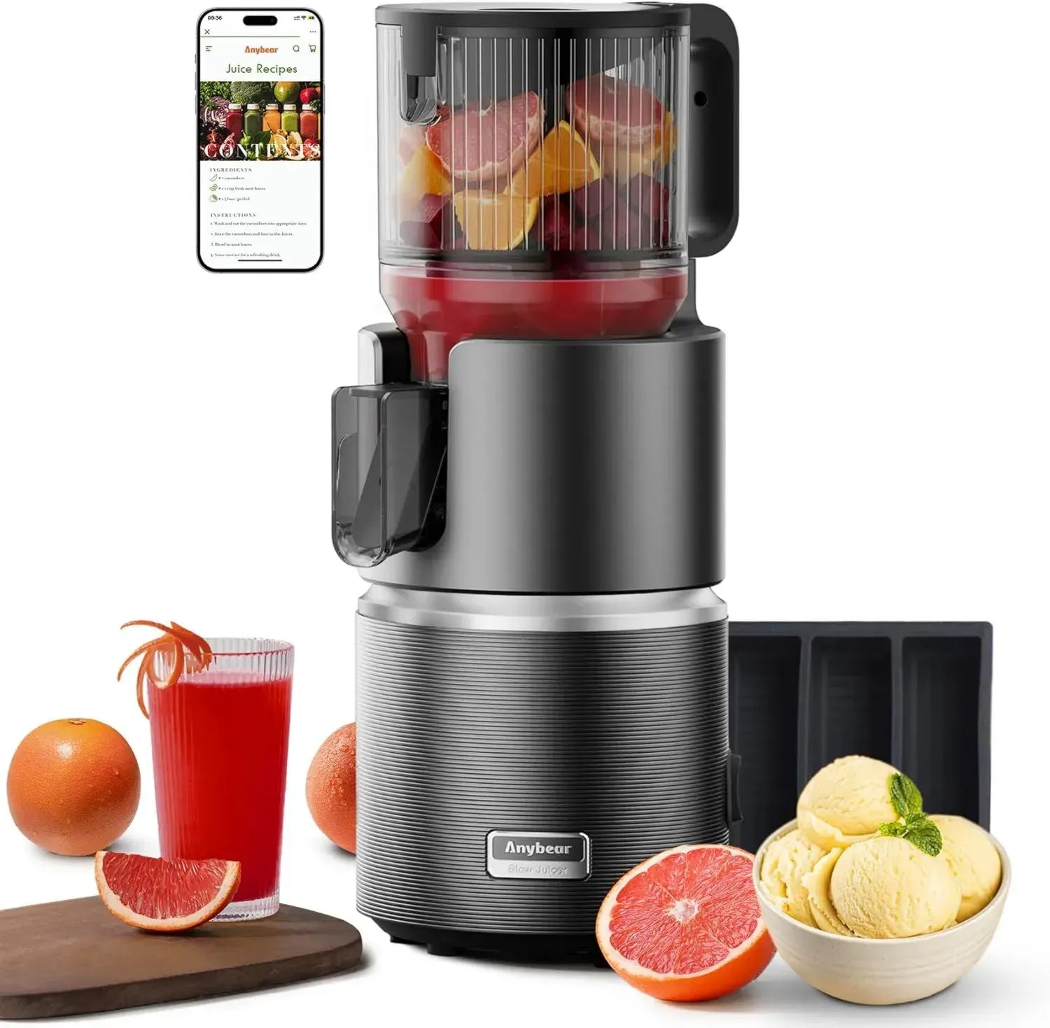 Anybear 350W Slow Juicer mit XL-Einfüllschacht für Obst und Gemüse, BPA-frei, Dunkelgrau