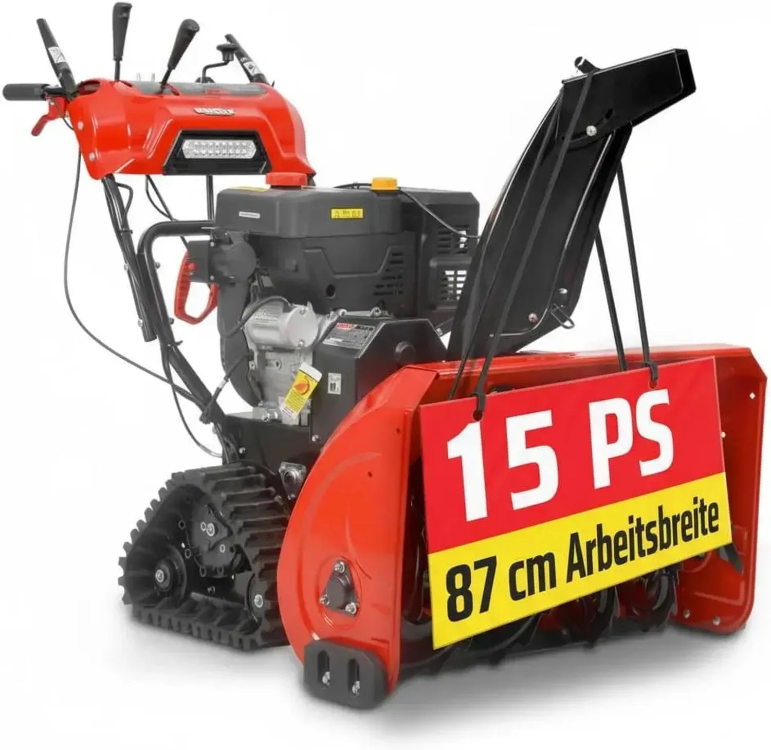 Benzin Schneefräse mit 87 cm Breite und 2-stufigem System, 51 cm Höhe, 15 m Wurfweite, E-Start, Raupenantrieb und LED-Scheinwerfer