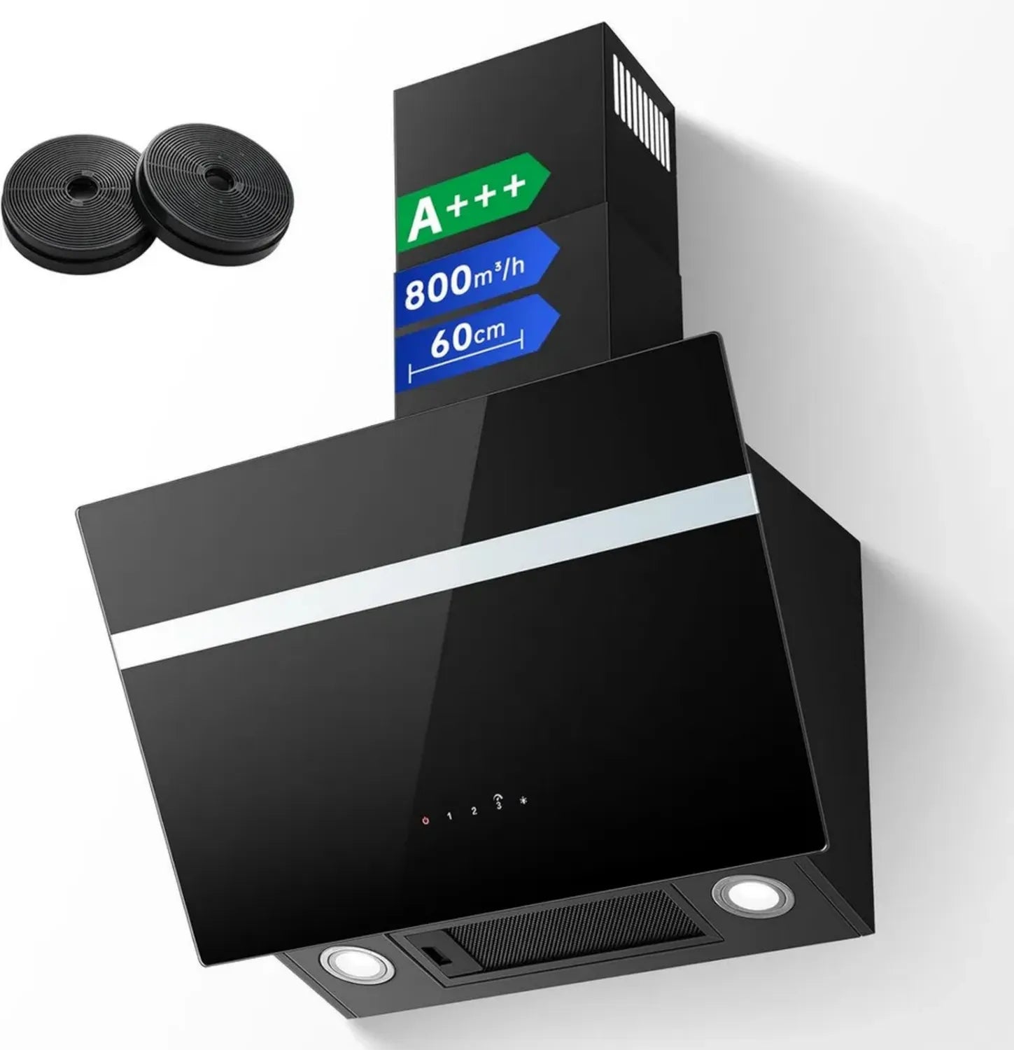 TopStrong Wand-Dunstabzugshaube 60 cm, 800 m³/h, Eco-Modus mit Aktivkohlefilter, A+++, Leise Kopffrei-Design mit LED, 3 Geschwindigkeiten + Booster, Touch-Bedienung, Energiesparender Motor
