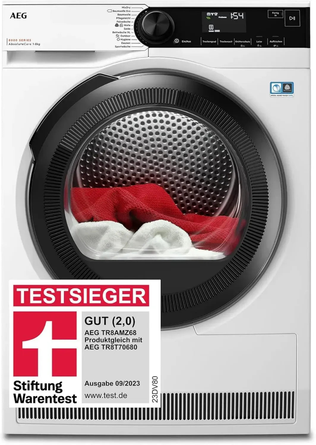 AEG Wärmepumpentrockner 8 kg, Effizientes Trocknen mit AbsoluteCare, Serie 8000, Ideal für Wolle und Seide, Energiesparend, LED-Trommellicht, Knitterschutz