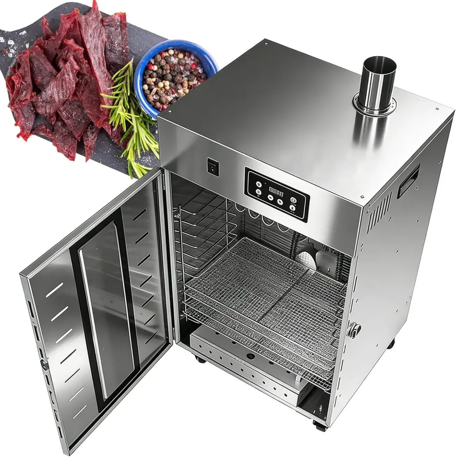 Multifunktionaler Gewerbe-Dörrgerät, 1000W Edelstahl – Räuchern, Hängen & Trocknen, mit 10 Tabletts & 30 Haken für Jerky, Biltong, Obst & Gemüse