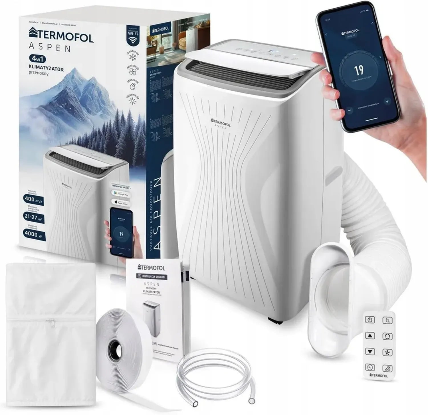 Kompakte 4in1 Klimaanlage mit WLAN-Funktion, 4000W – Kühlen, Entfeuchten, Ventilieren, Heizen – Energiesparendes Smart-Home-Gerät in Weiß
