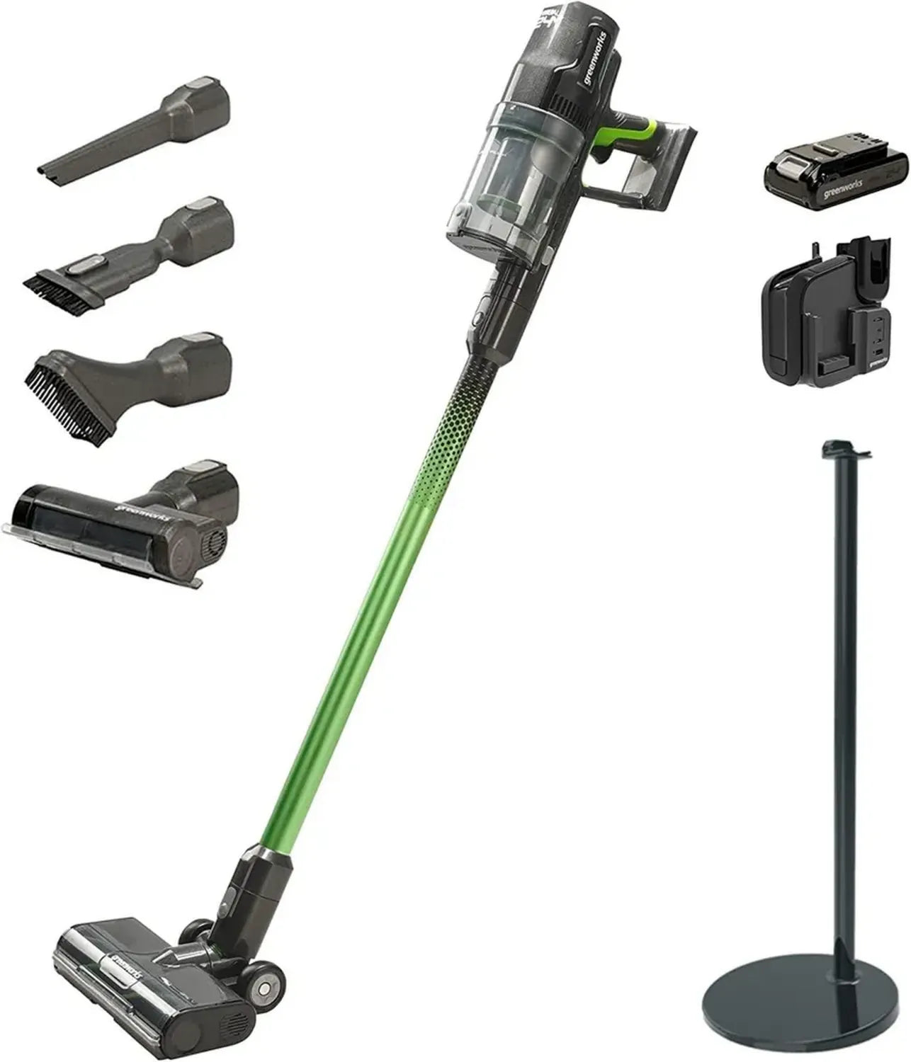 Greenworks 24V Kabelloser Staubsauger mit Tierhaaraufsatz, 3 Saugstufen, Hepa-Filter, 45 Min Akkulaufzeit und Ladestation