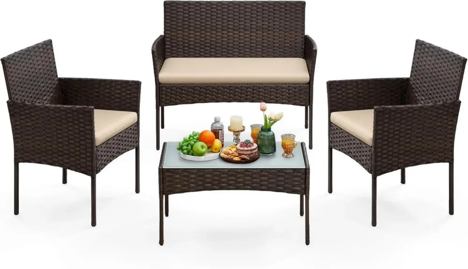 SONGMICS Gartenmöbel-Set aus Polyrattan, Lounge-Set für Terrasse und Balkon, wetterfest, Braun-Taupe