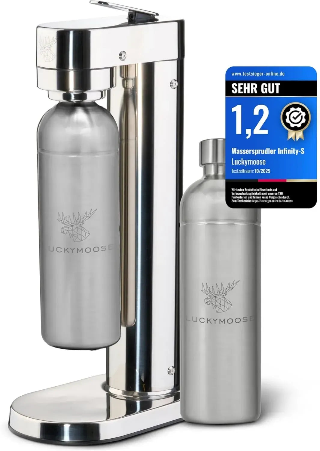Hochwertiger Edelstahl Wassersprudler Infinity-S mit 2x 1,25L Flaschen – Hygienische abnehmbare Düse – Langlebige CO₂ Sprudelfunktion