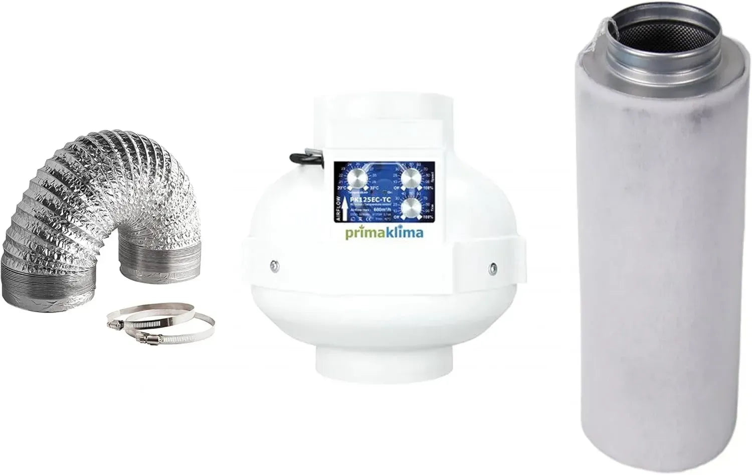 Growbox Abluftsystem mit temperaturgesteuertem EC-Lüfter, Prima Klima 700 m³/h und Nito Schlauch