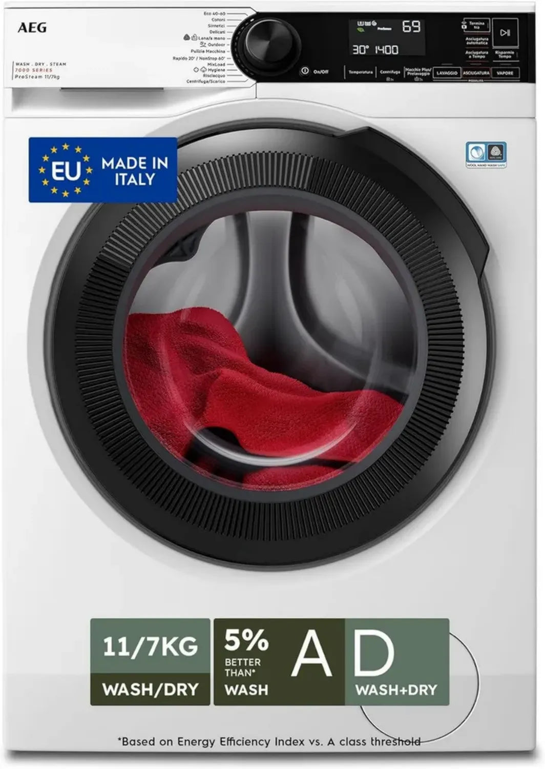 AEG Waschtrockner 7000 Serie ProSteam, 11 kg Waschen + 7 kg Trocknen, 1400 U/min, Invertermotor, Geräusch 73 dB, Klasse D, Freistehend