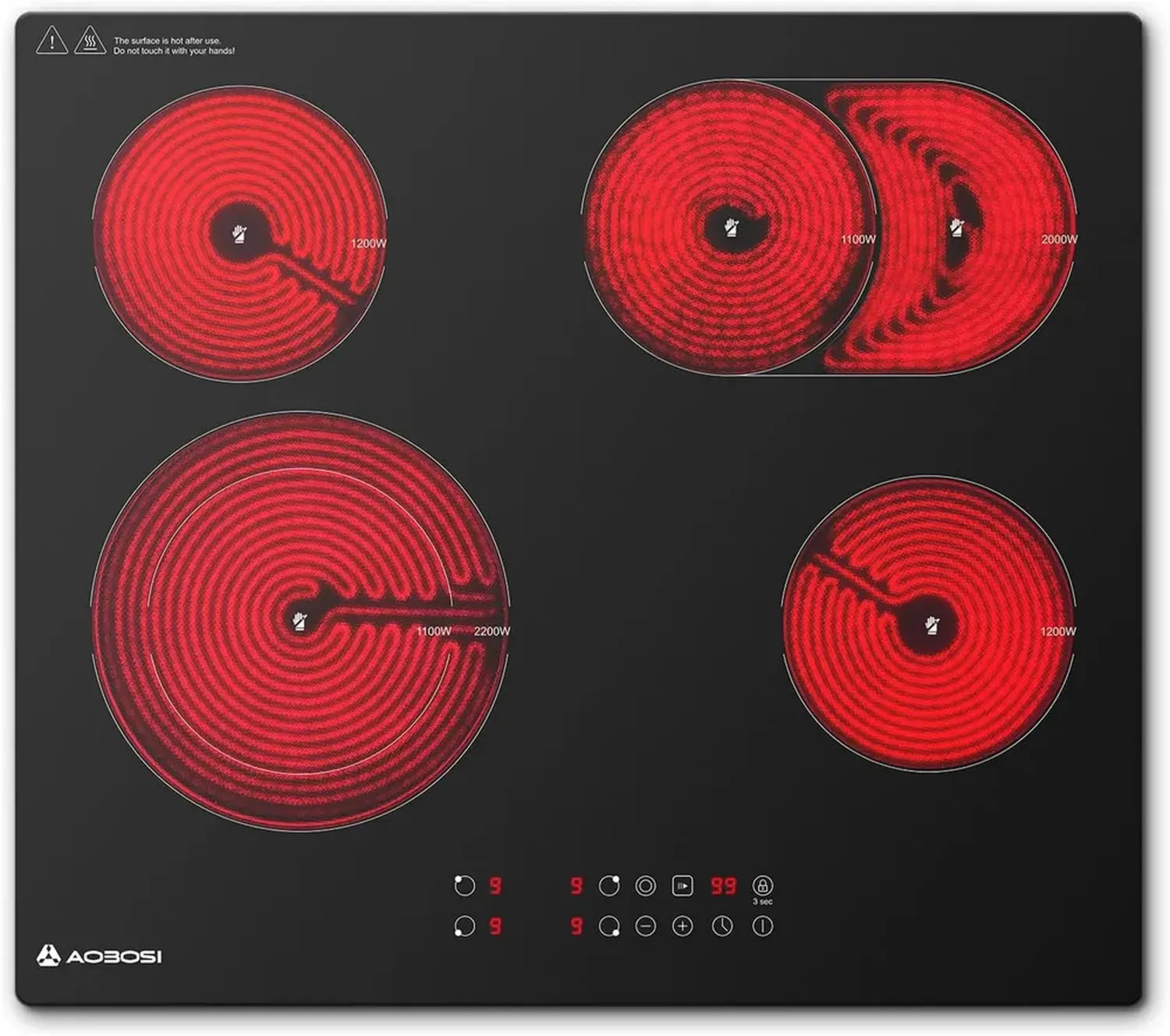 Aobosi 60cm Glaskeramikkochfeld mit 4 Zonen, Sensor-Touch-Steuerung, 9 Leistungsstufen, Doppel- und Bratzone, Sicherheitsverriegelung, Timer & Pause-Funktion, 6600W