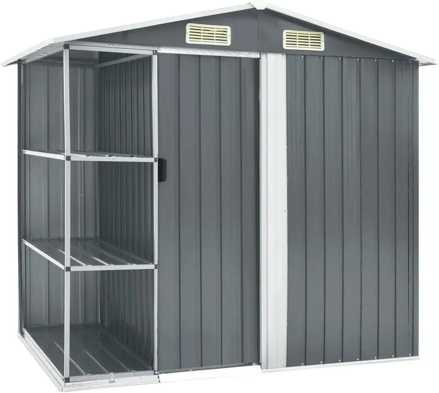 Metall Gartenhaus mit Regalen, Schiebetür und Belüftungsschlitzen, 205x130x183cm, Grau
