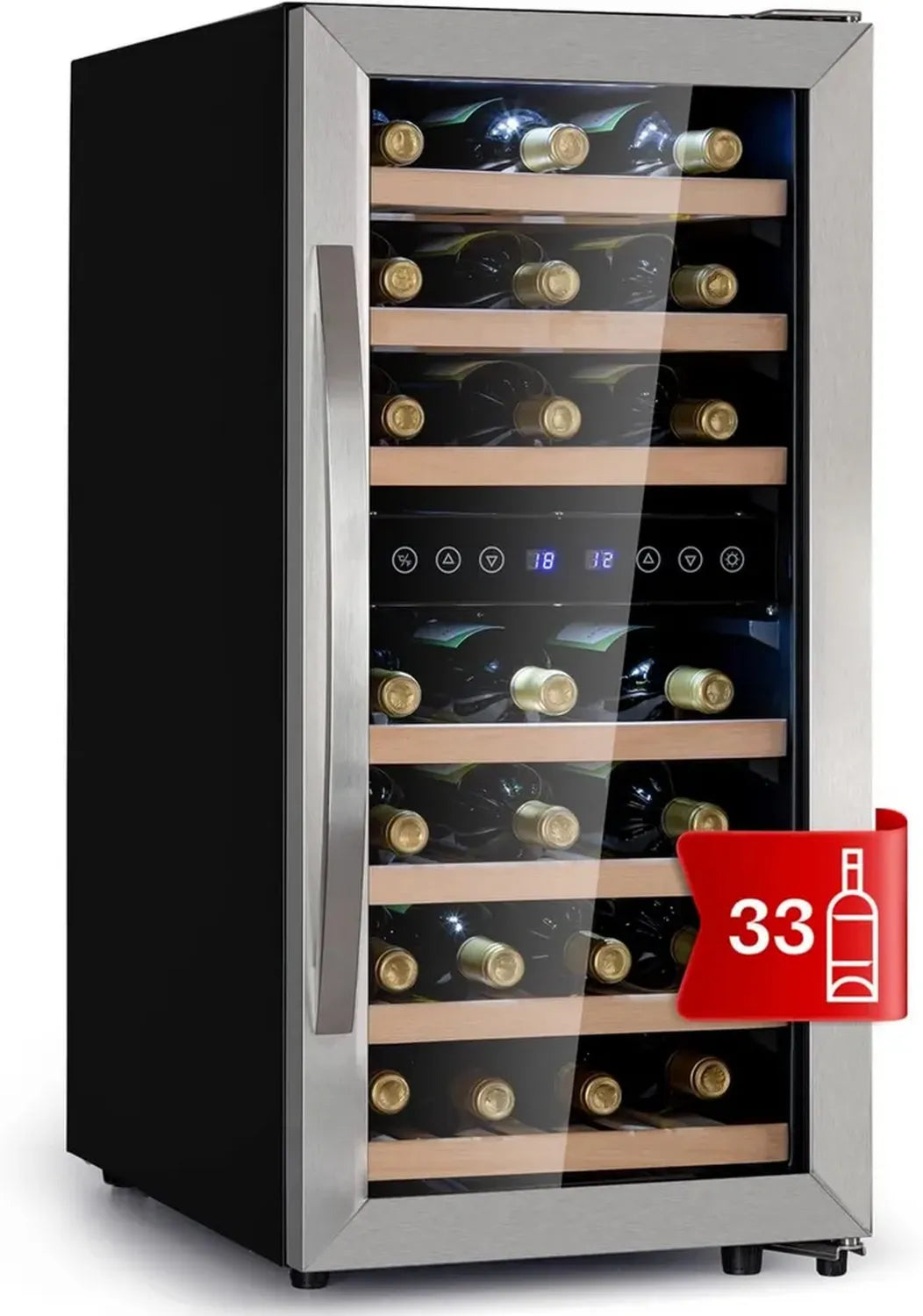 Klarstein Dual-Zonen Weinkühlschrank, Kompakter Getränkekühlschrank mit Glastür, Innen-/Außeneinsatz, LED-Beleuchtung, 5-18°C, 33 Flaschen Kapazität