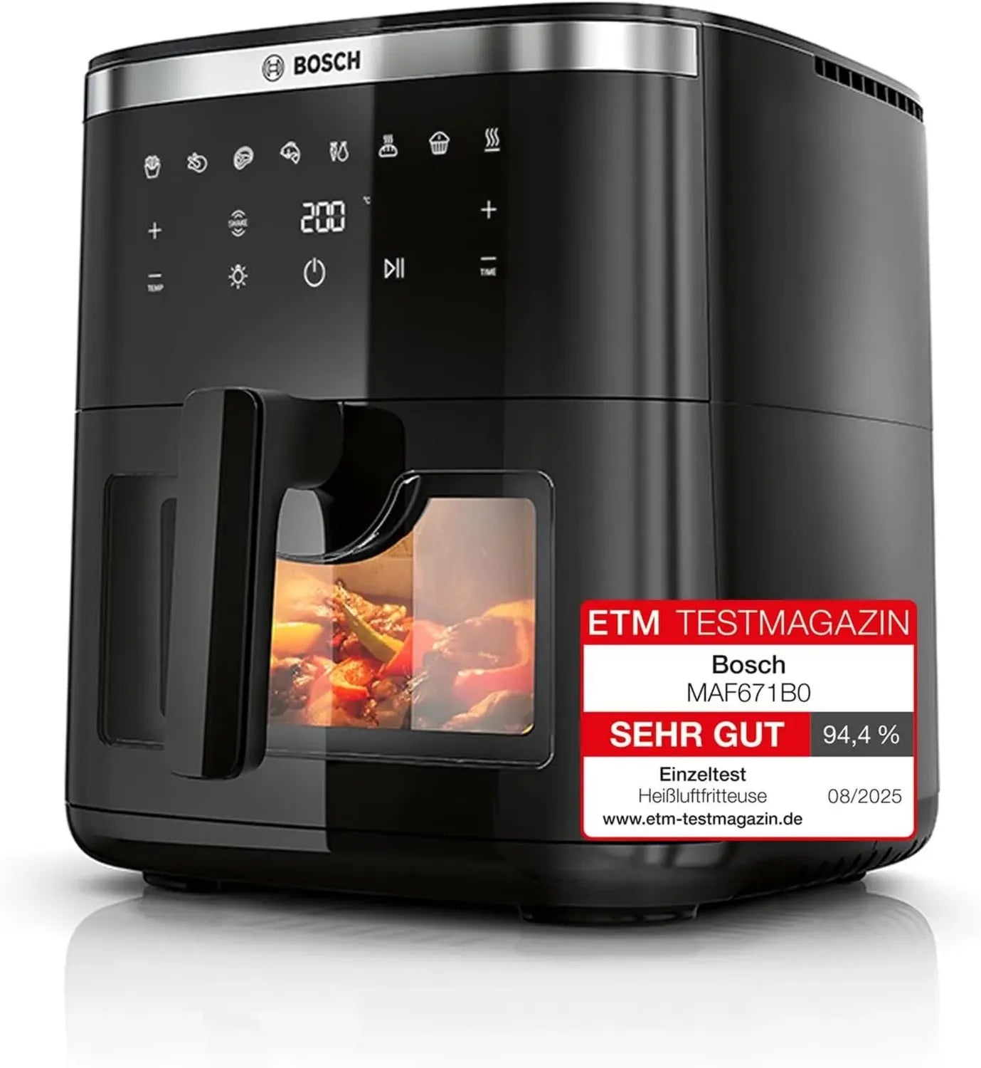 Bosch AirFryer Serie 6, 7,2 L Kapazität, 7 Programme, beleuchtetes Fenster, 65% schneller, schwarz