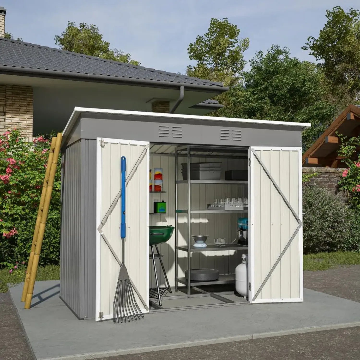 Metall-Gartenhaus 242x126x182 cm mit Fundament, Grau, Wetterfest für Terrasse und Garten