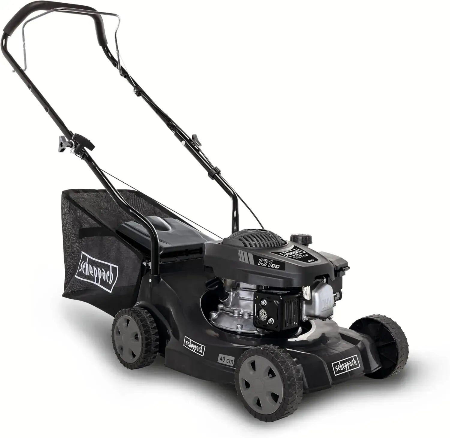 Scheppach MP132-40B Benzin-Rasenmäher Schwarz für 600m² | 40cm Schnittbreite | 3,3 PS Leistung | 3-fache Höhenverstellung (30-66mm) | 35L Fangbox | 131cm³ Hubraum