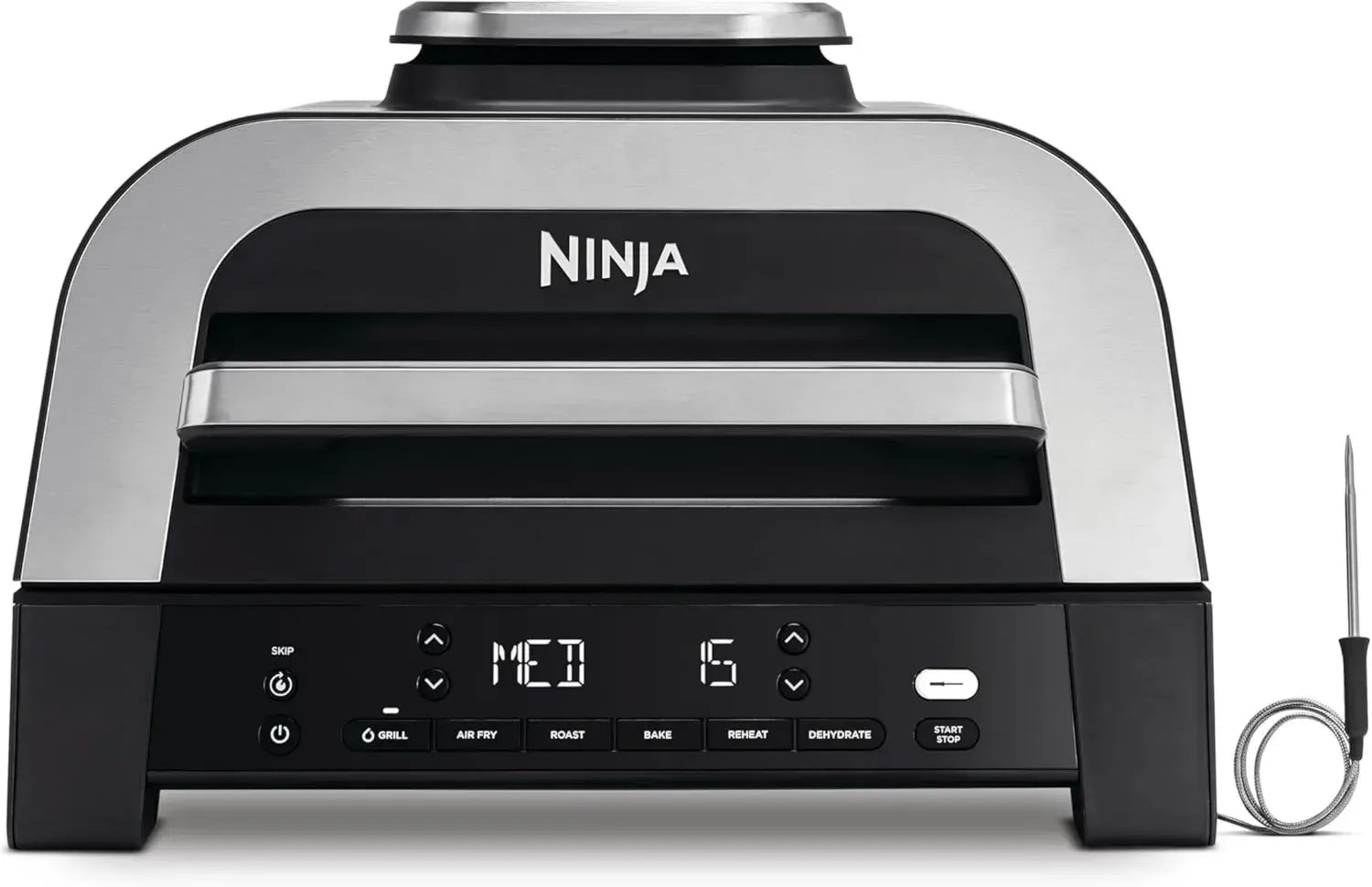 Ninja MAX 6-in-1 Indoor Grill und Heißluftfritteuse, 6 Kochmodi, Platz für 6 Burger, 3,8 L Kapazität, raucharm, inklusive digitalem Bratthermometer, Grau/Silber, Modell DG551EU