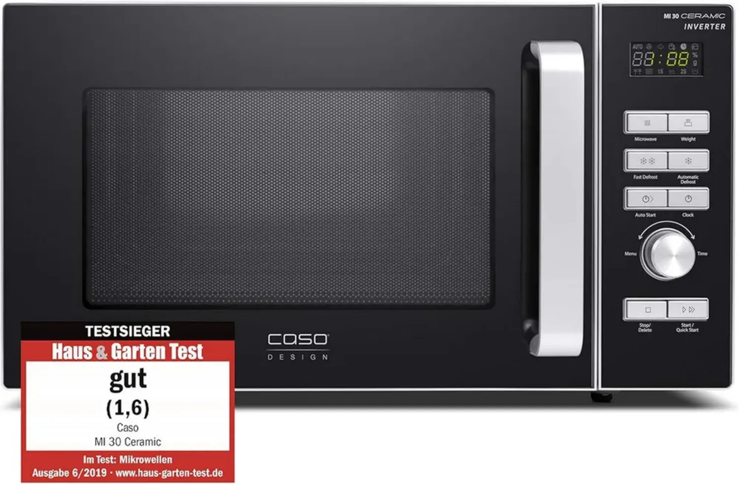 CASO MI 30 Keramik-Mikrowelle, Testsieger, Inverter-Technologie, CASOTEK-Boden, 1000 Watt, 30 L, 8 Programme, Edelstahl, Silber