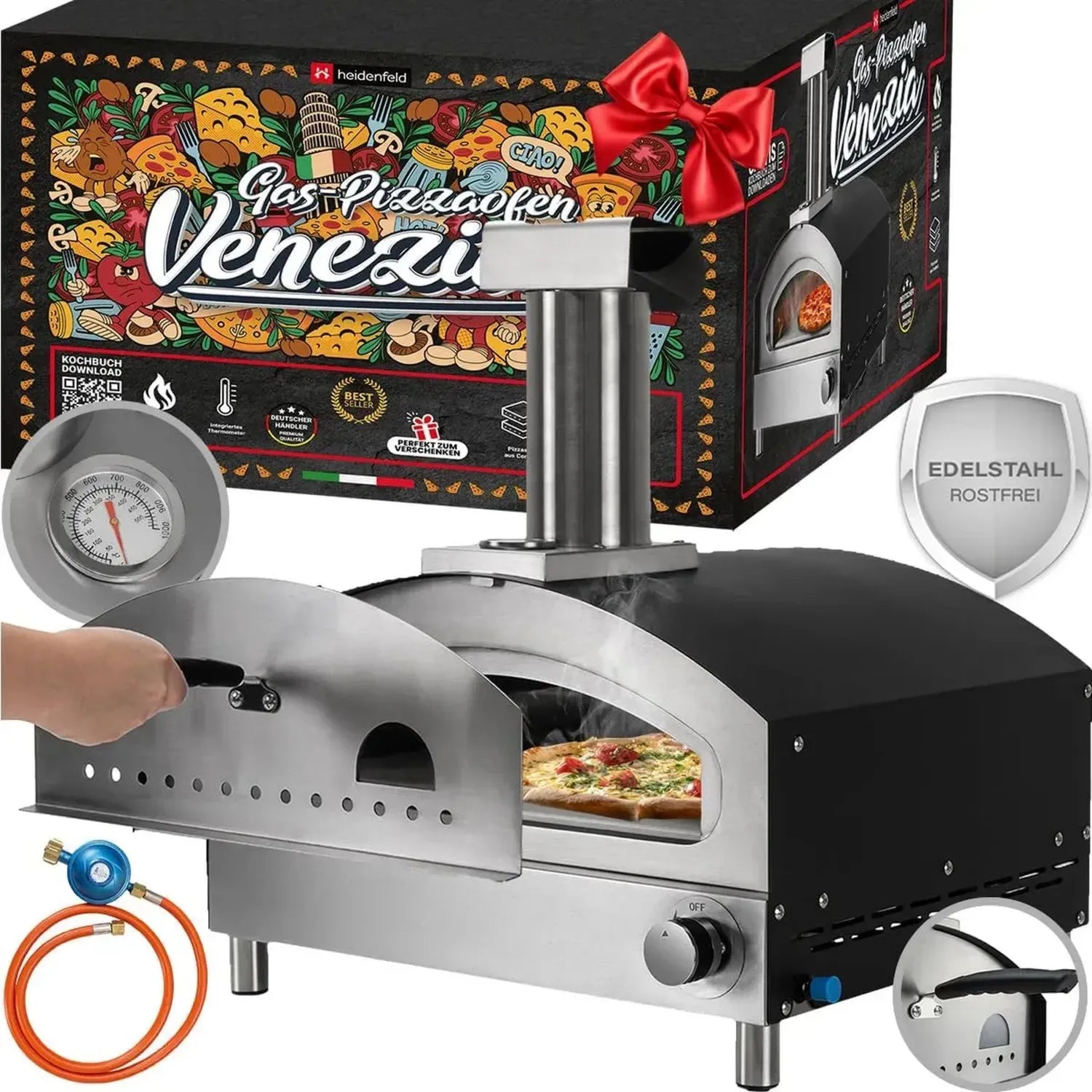 Heidenfeld Gas-Pizzaofen Venezia - 500°C Edelstahl für Garten und Outdoor