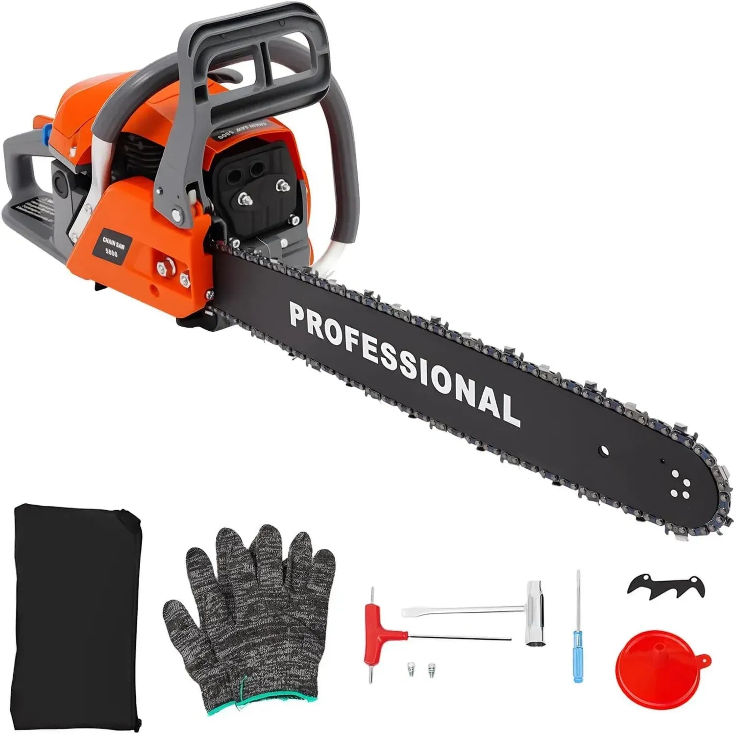 Benzin Kettensäge 58ccm 2-Takt, 20 Zoll, mit Sicherheitsschalter und Werkzeugset, 2,4 kW, Orange