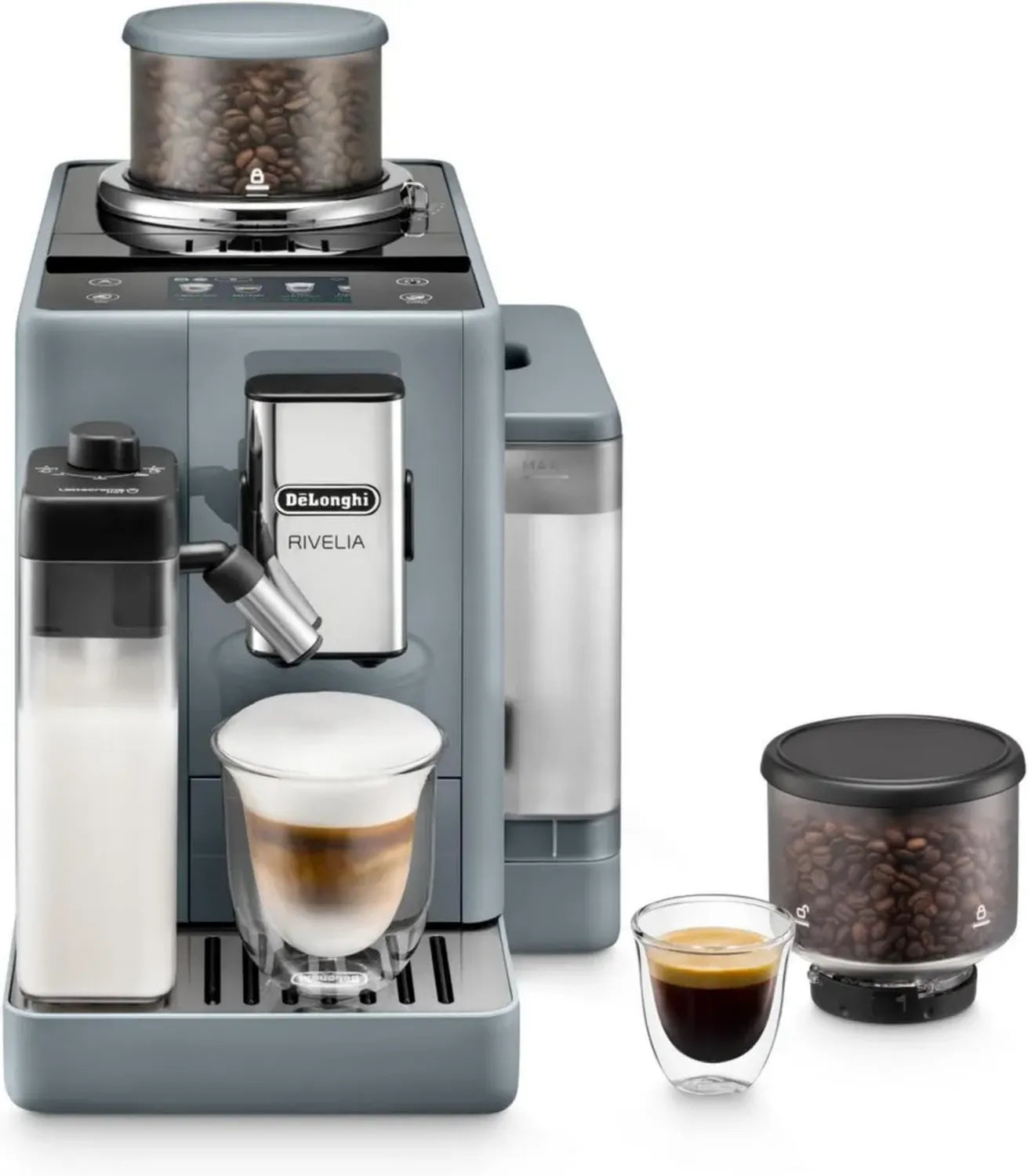 De'Longhi Rivelia Kaffeevollautomat mit LatteCrema System, Bohnenbehälterwechsel, 16 Getränke-Optionen, Extra-Shot, Touchscreen, Grau