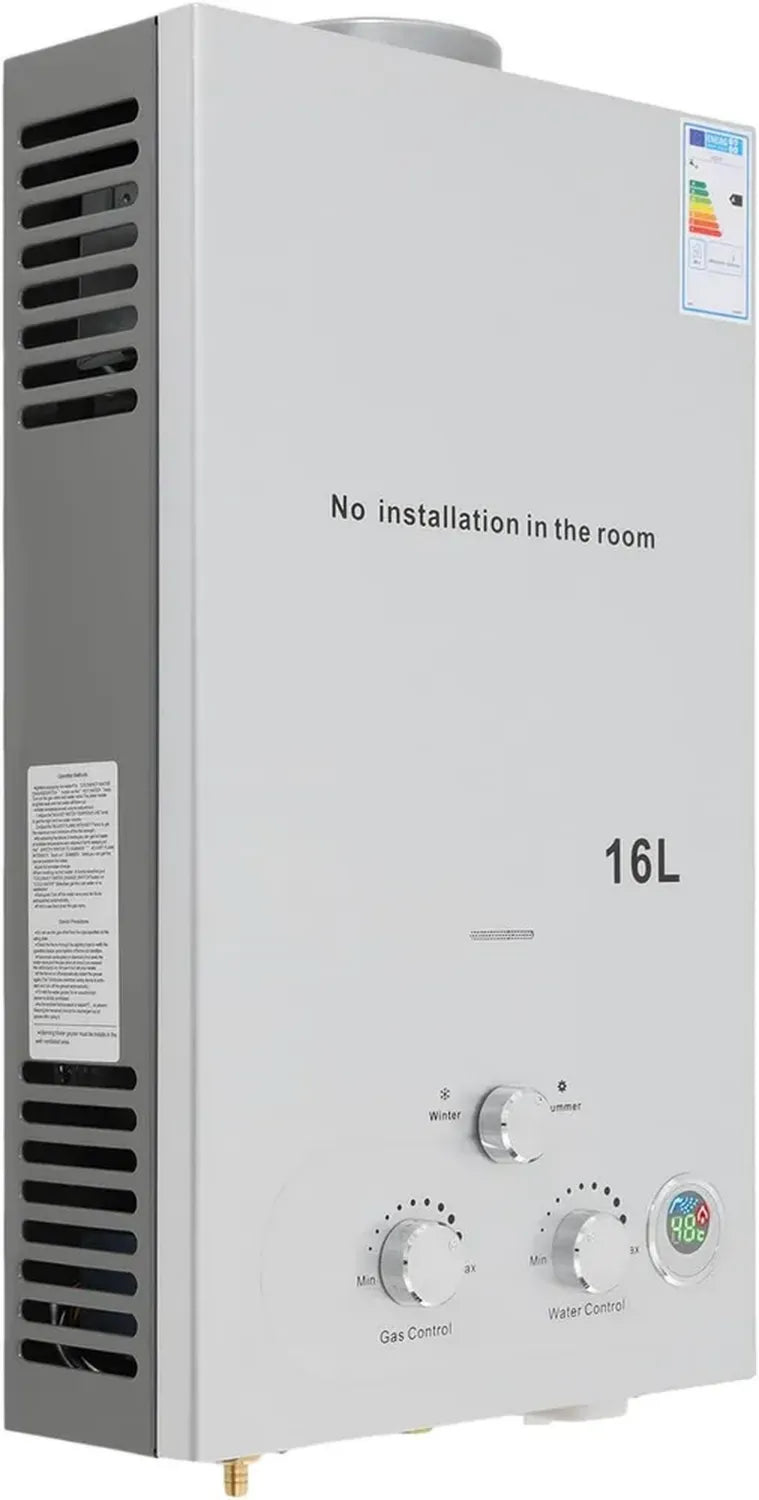 Mobiler LPG-Durchlauferhitzer 16L mit Duschkopf – Silber, ideal für Camping und Wohnmobile