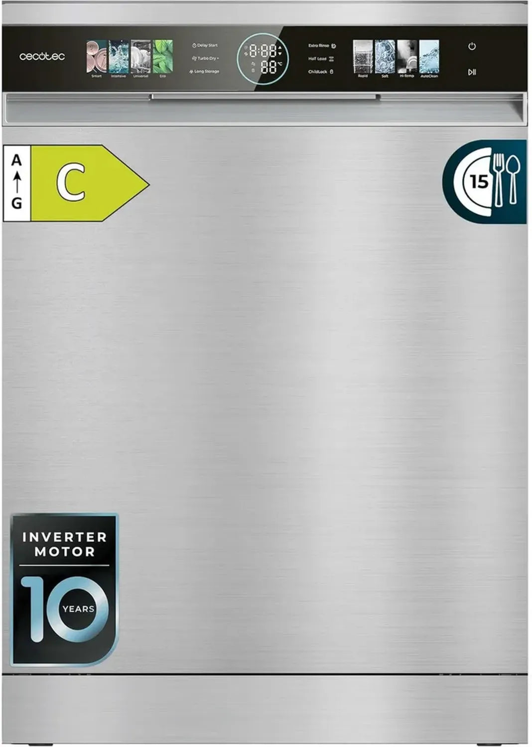 Cecotec Geschirrspüler 60cm Aguazero 6620 Inox, 1850W, 15 Maßgedecke, 8 Programme, Inverter-Motor, XXL Display, Smart Wash, Turbo Trocknen+, Auto Reinigung, Halbe Beladung, Startverzögerung