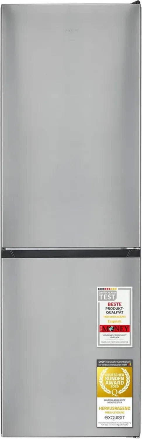 Exquisit Kühl-Gefrierkombination 304 l mit Energieklasse A, leise 35 dB, Schnellgefrierfunktion & LED-Beleuchtung, 97 l Gefrierfach, freistehend, Inox-Design