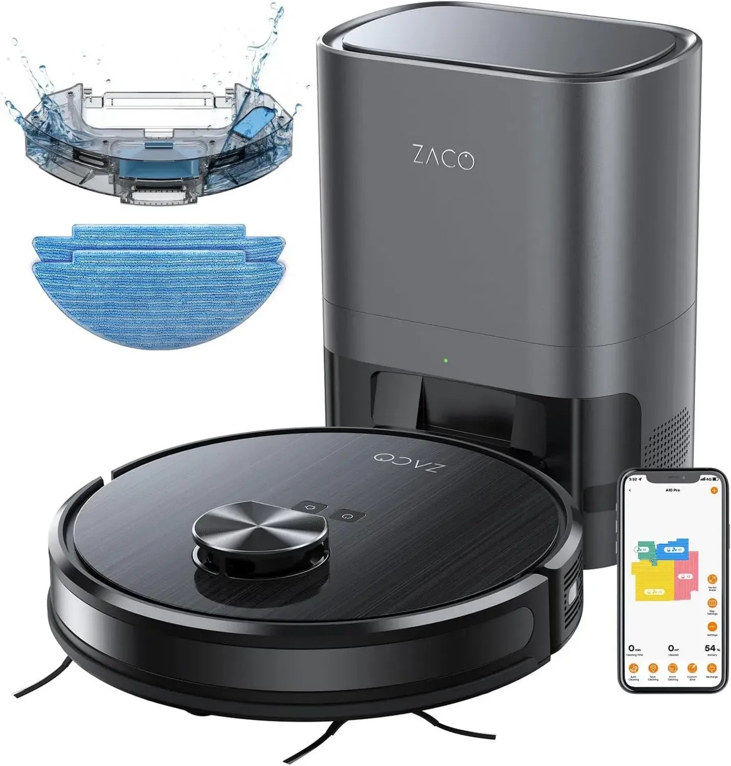 ZACO A10 Pro Saug- und Wischroboter mit 2,5L Absaugstation, Laser-Navigation, 3000Pa Leistung, Teppichsensor, ideal für Tierhaare, leise, App & Alexa Kontrolle