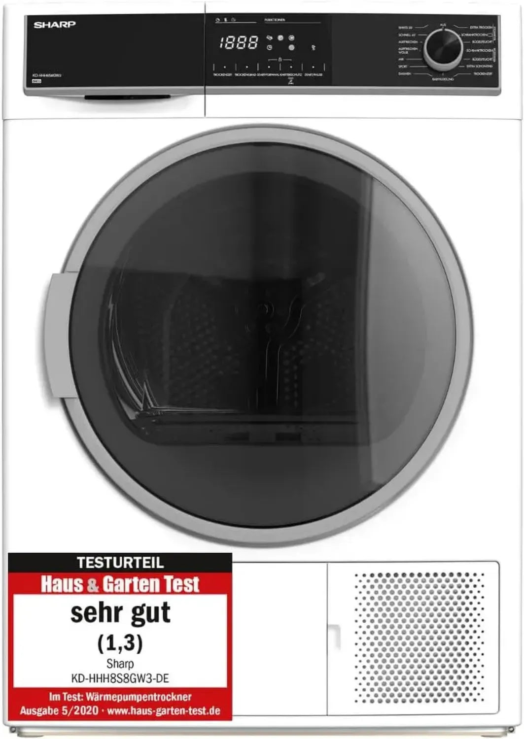 Sharp Wärmepumpentrockner 8 kg mit BubbleDrum und Innenbeleuchtung, 15 Programme, 30-Minuten-Schnellprogramm, Türanschlag wechselbar, Weiß