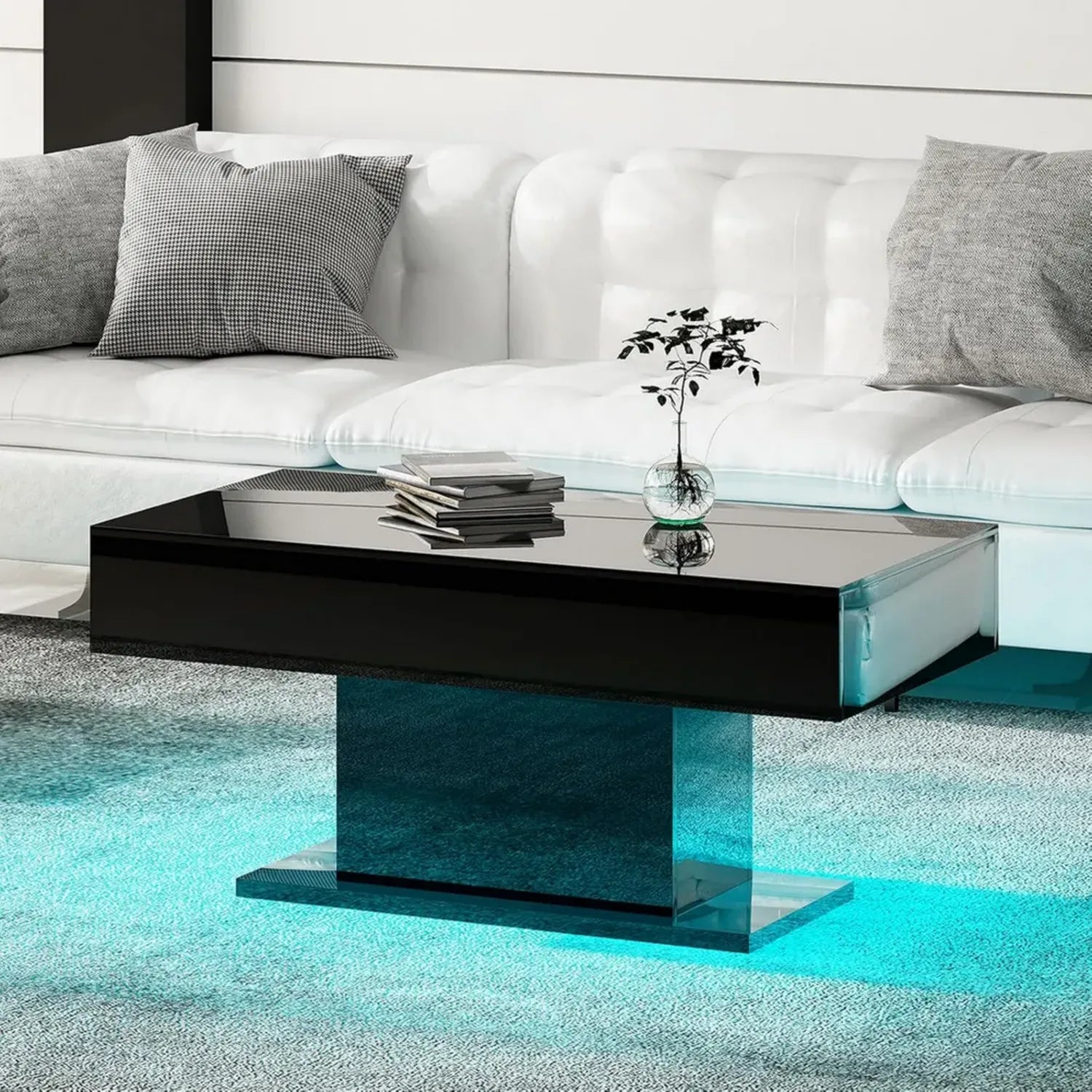 Moderner Couchtisch mit LED-Beleuchtung, Hochglanz, 110x55x50 cm, Schwarz