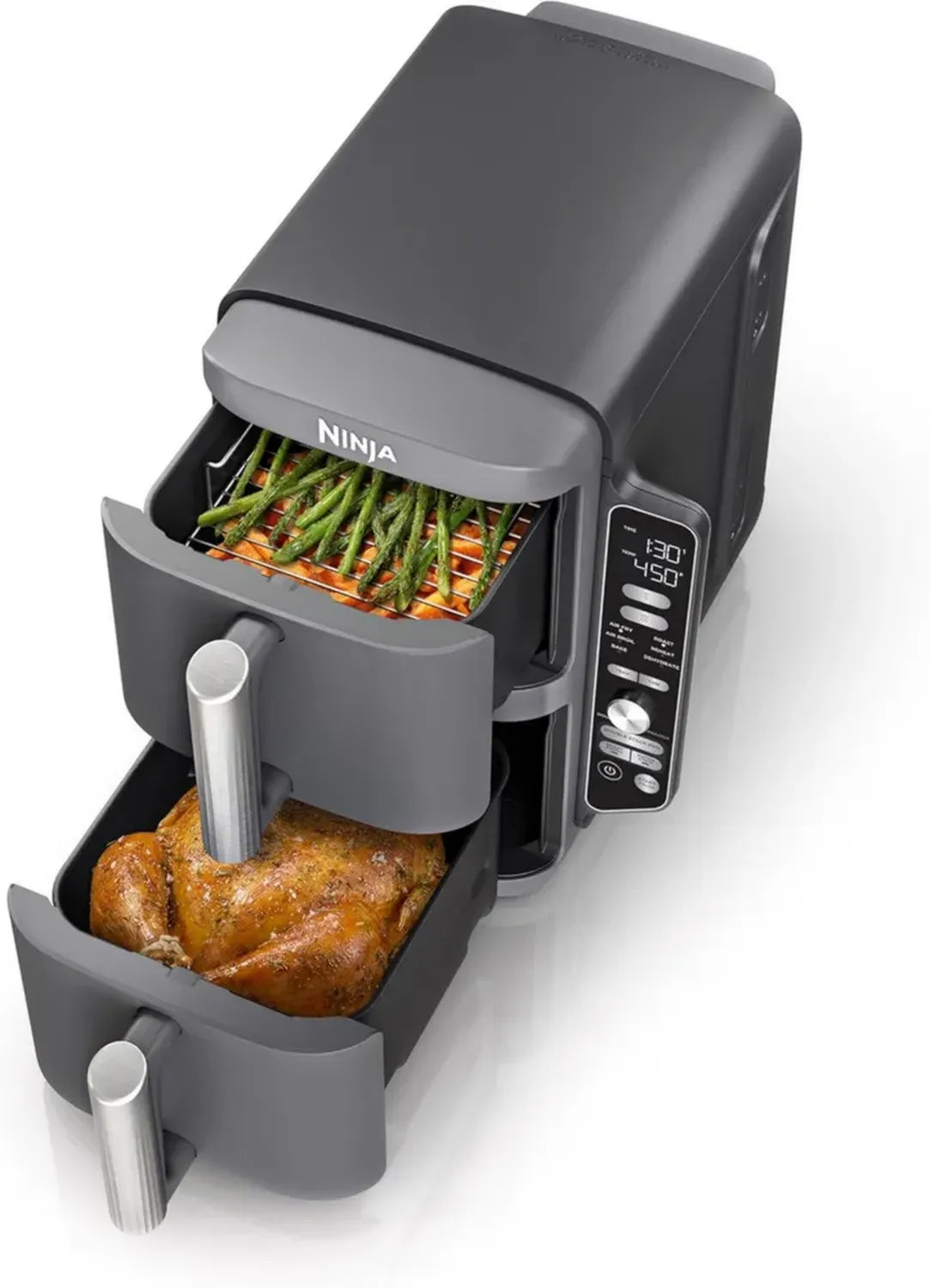 Ninja SL401 Doppelkorb XL Heißluftfritteuse, 4-in-1 Kochfunktion, kompakt, 10 QT, Smart Finish, Heißluft, Grillen, Backen