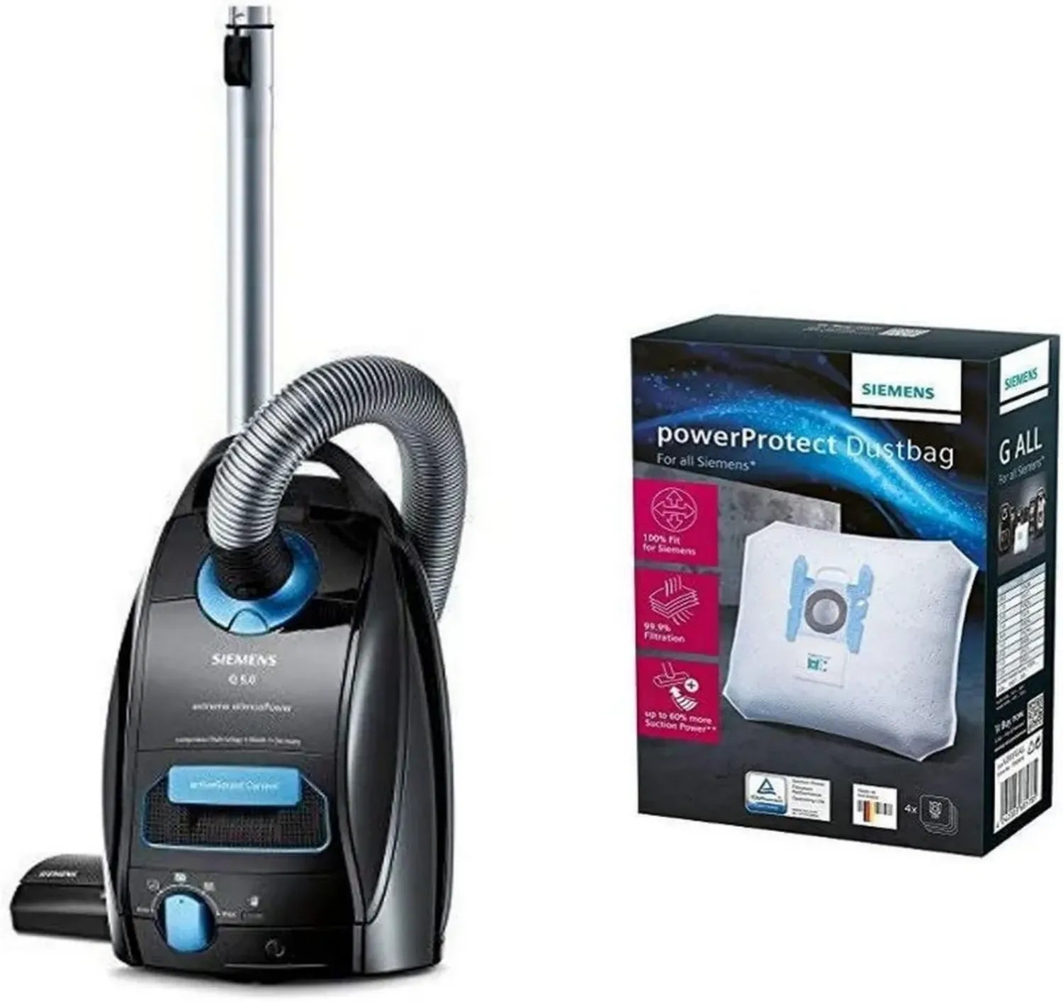 Siemens Leiser Bodenstaubsauger Q5.0 mit 850W und 4L Beutelvolumen, Hygienefilter, Schwarz + PowerProtect Staubsaugerbeutel Typ G