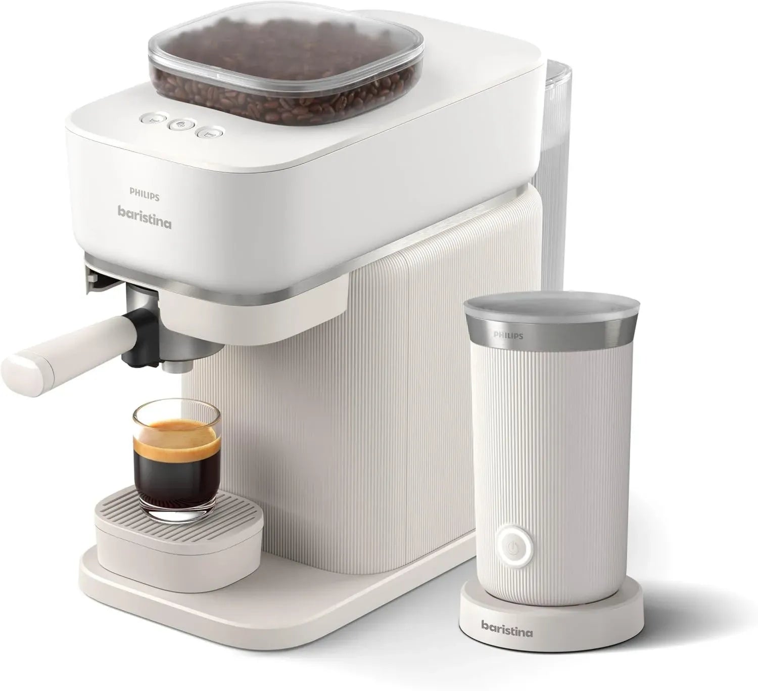 Philips Baristina Kaffeevollautomat mit Milchsystem – Integriertes Mahlwerk, 16 Bar Druck, Siebträgermaschine, einfache Reinigung, Naturweiß