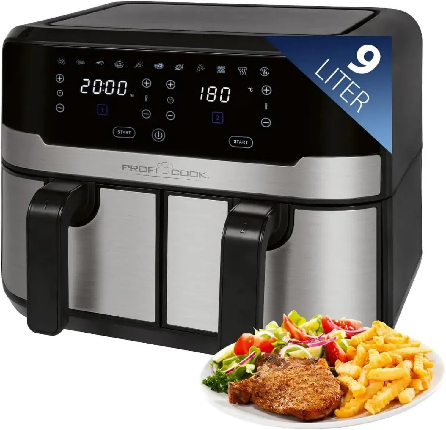 ProfiCook Heißluftfritteuse, Doppelkammer 9L, Ölfreies Frittieren, 2400W, 9 Programme, Touchscreen