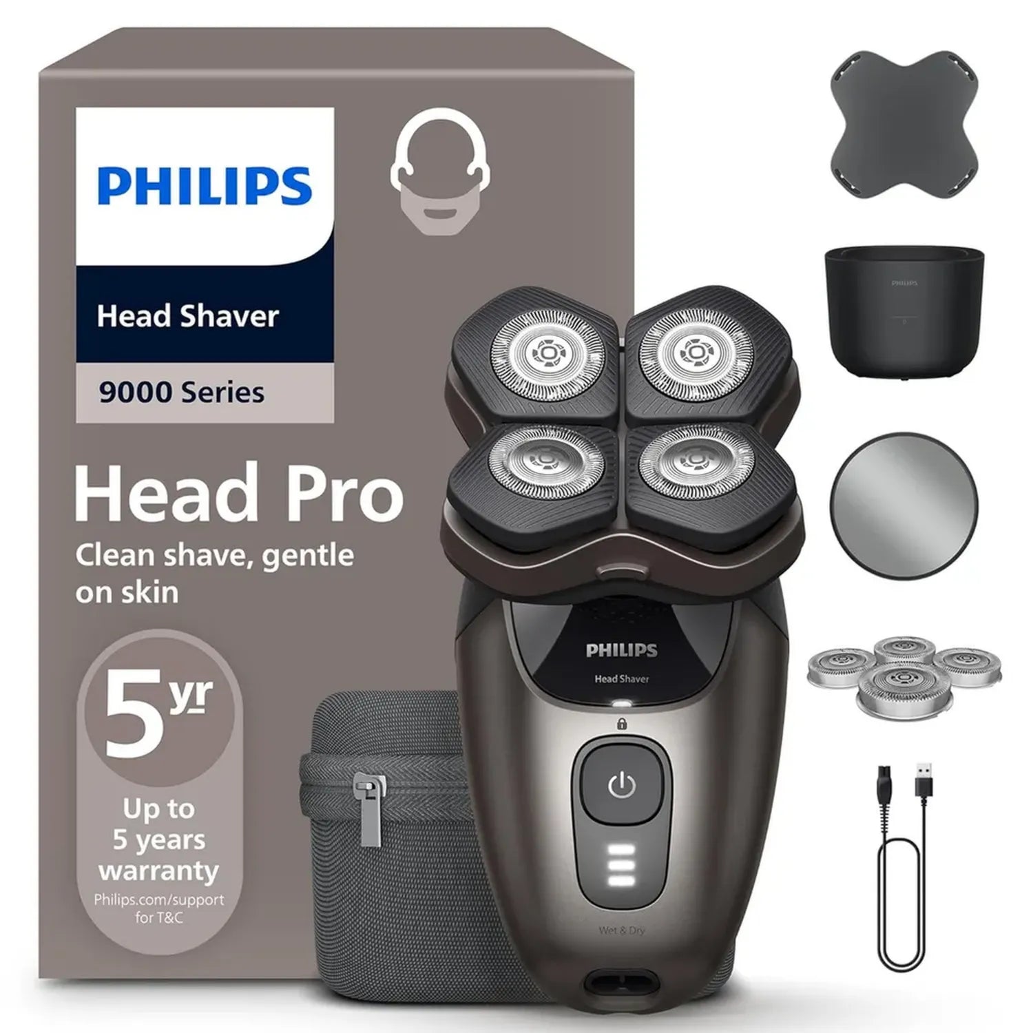 PHILIPS Glatzenrasierer Pro Series 9000 – Scherkopf Flex360° und ComfortCut-Klingen, schonende Rasur für Männer und Frauen, Modell HS9980/15