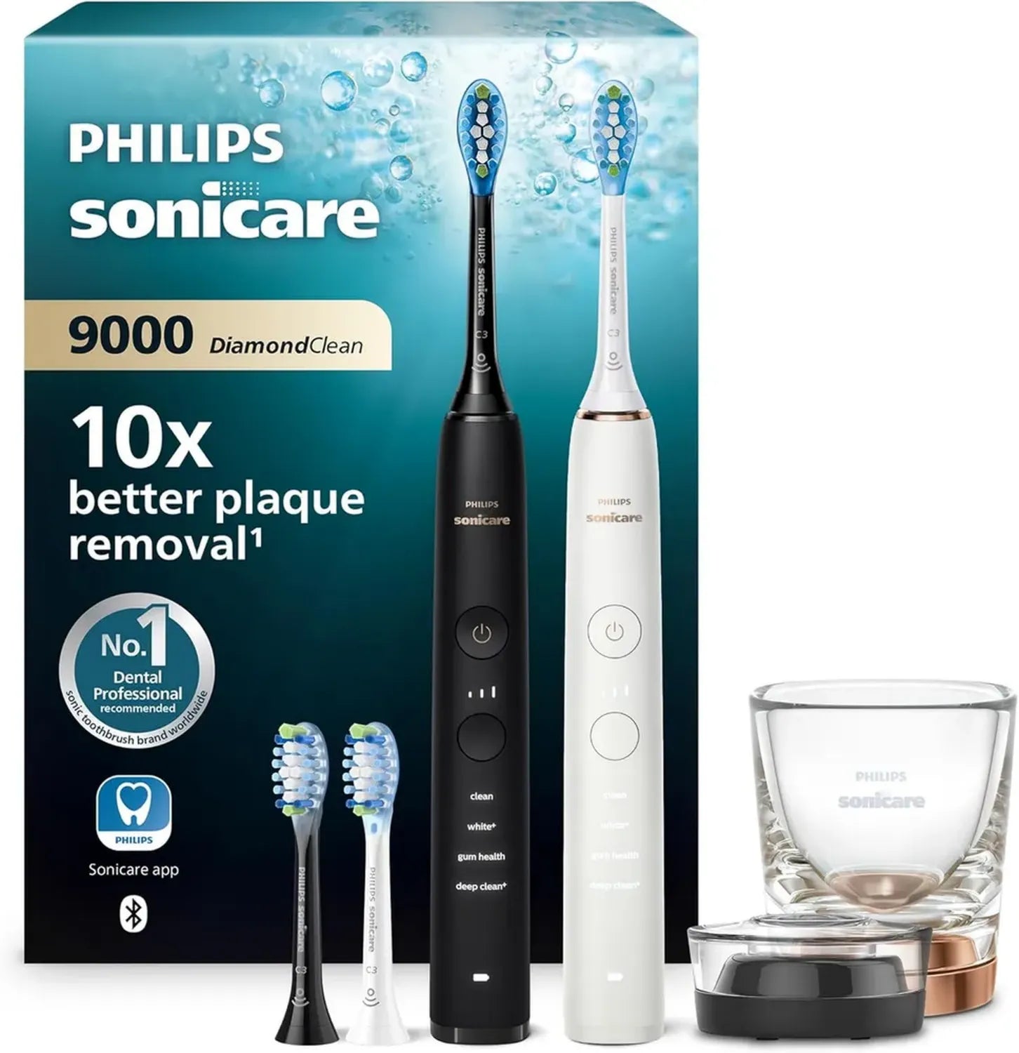 Philips Sonicare DiamondClean 9000 Schallzahnbürste Doppelpack, mit App, Drucksensor, 4 Modi & 3 Intensitäten, Schwarz & Roségold