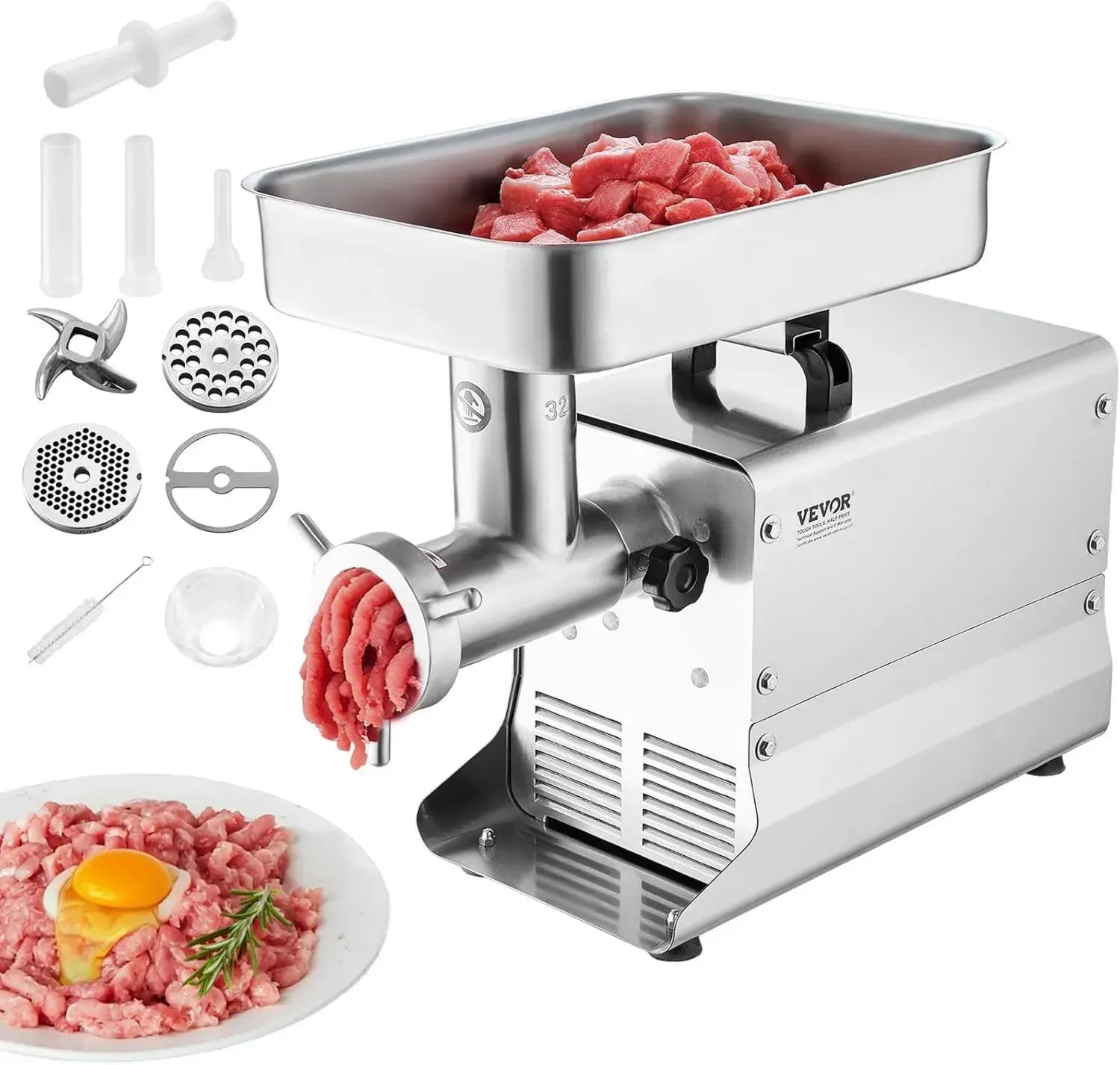 VEVOR Elektrischer Fleischwolf, 1100W, Edelstahl, für Gewerbe & Gastronomie