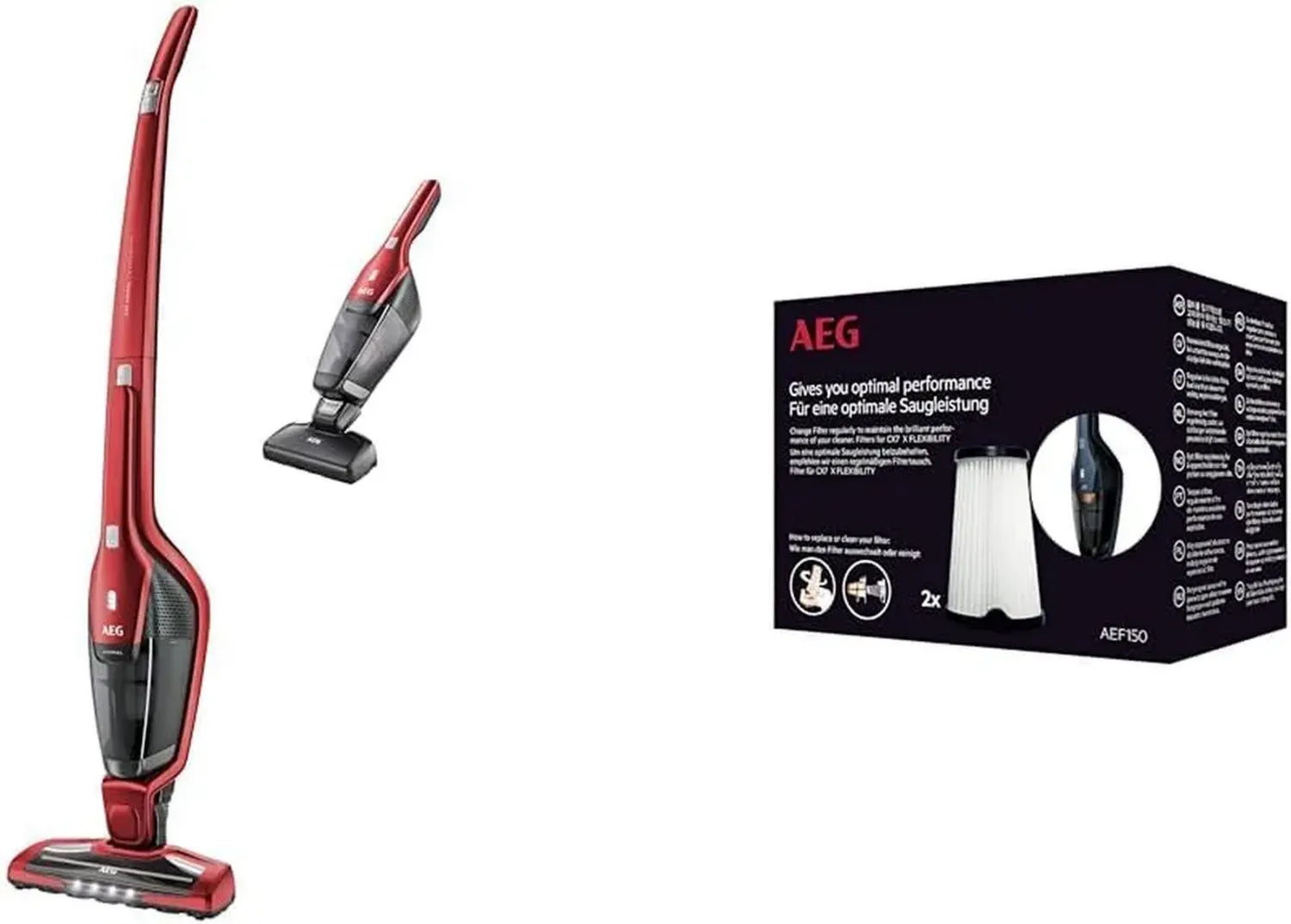 AEG Ergorapido CX7-2-45AN Kabelloser Staubsauger mit Tierhaardüse, 45 Min. Laufzeit, 180° Drehgelenk, freistehend, rot & AEF150 Filterset für CX7-2 & QX8, weiß