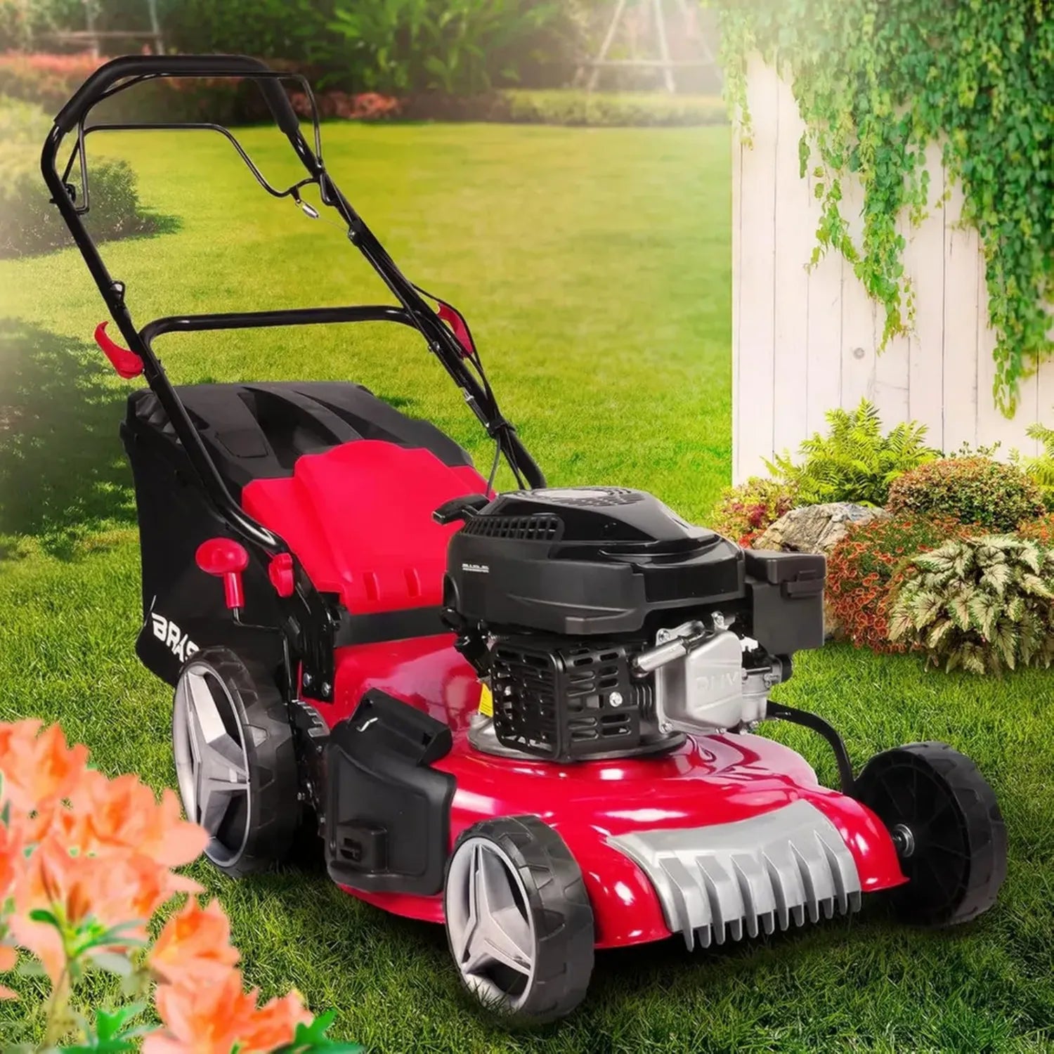 BRAST® Selbstfahrender Benzin-Rasenmäher mit kraftvollem Motor, 46-51 cm Schnittbreite, Höhenverstellung 30-80 mm, 60L Fangkorb, stabiles Stahlgehäuse, TÜV-geprüft