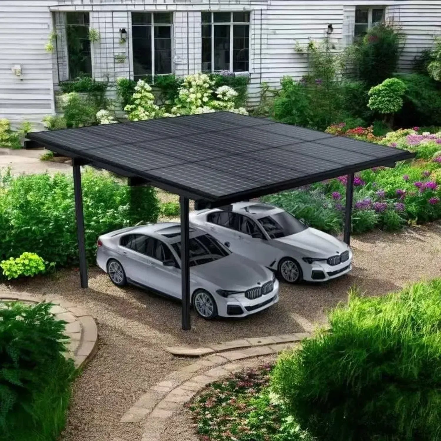 Solarmodul-Doppelcarport für zwei Autos, Aluminiumrahmen, schwarz
