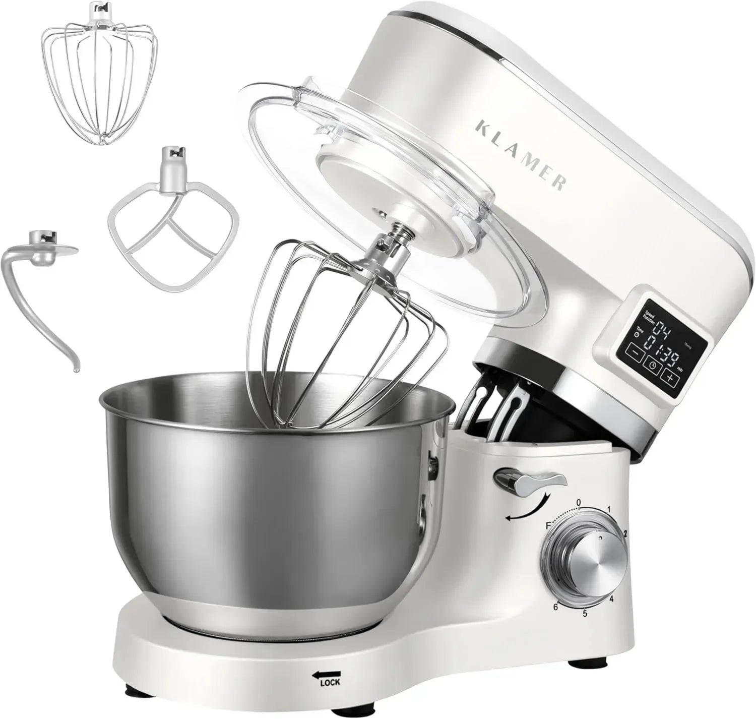 KLAMER Küchenmaschine 1400W, 5,5L Edelstahl, mit Knet-, Rühr- & Schneebesen, Timer & LED-Anzeige, rutschfeste Füße, ideal für Teigzubereitung