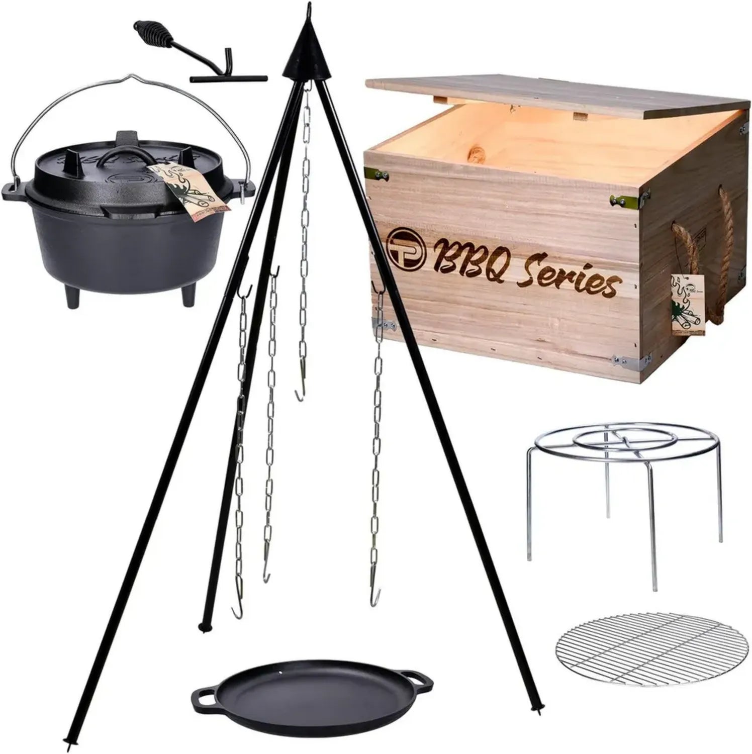 Premium Grill-Dreibein Dutch-Oven Set mit Gusseisenpfanne und Zubehör, 7-teilig