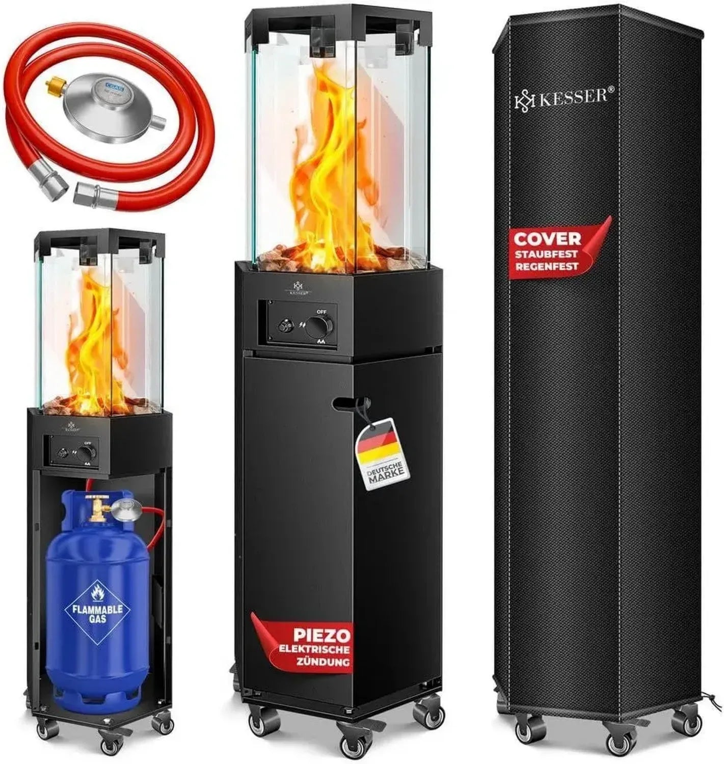 Mobiler Gasheizstrahler 4/8 kW mit Piezozündung und Kippschutz, inkl. Druckregler und Abdeckung, für Terrasse und Outdoor, Schwarz