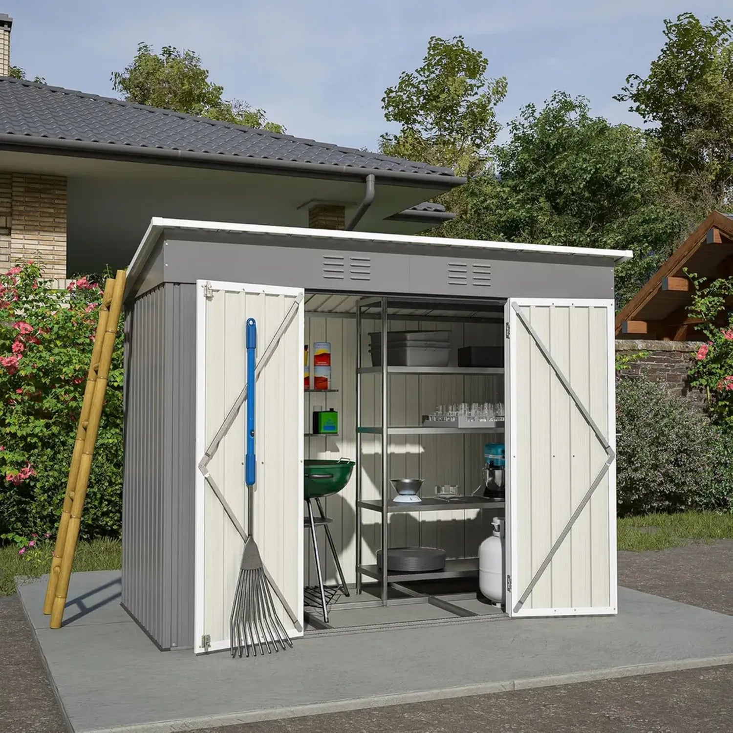 LANTRO JS Metall Gerätehaus 6m³, Geräteschuppen mit Doppeltür, Gartenhütte für Werkzeuglagerung, wetterfest, Grau 242x126x182cm
