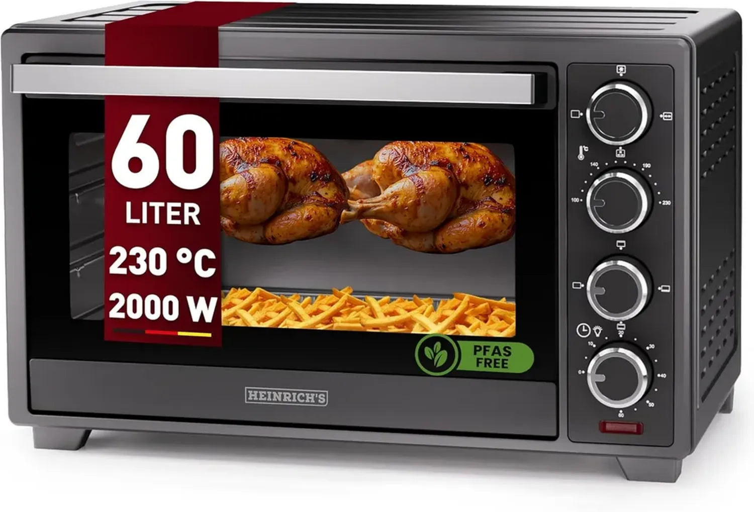 Kompakter 60L Minibackofen mit Umluft und Drehspieß - Airfryer, 2000W, Timer, Innenbeleuchtung, Temperaturbereich 100-230°C, schwarz